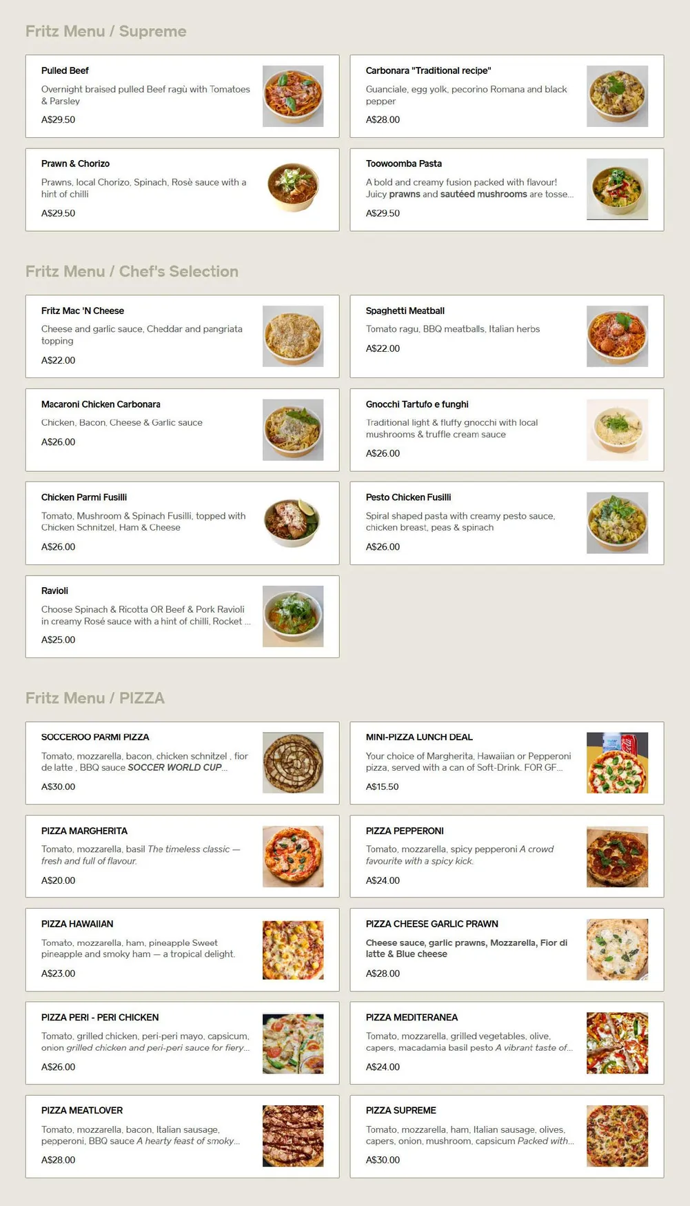 Fritz Pasta menu, page 2