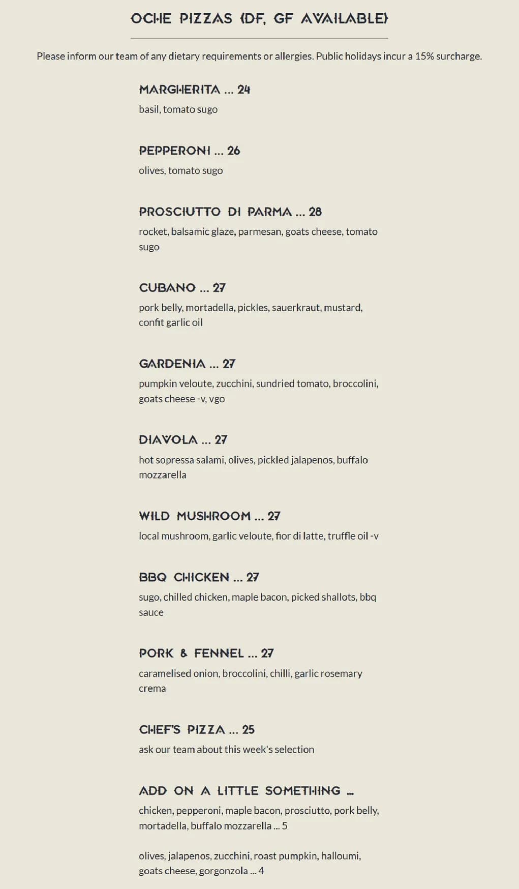 Oche Brisbane menu, page 1
