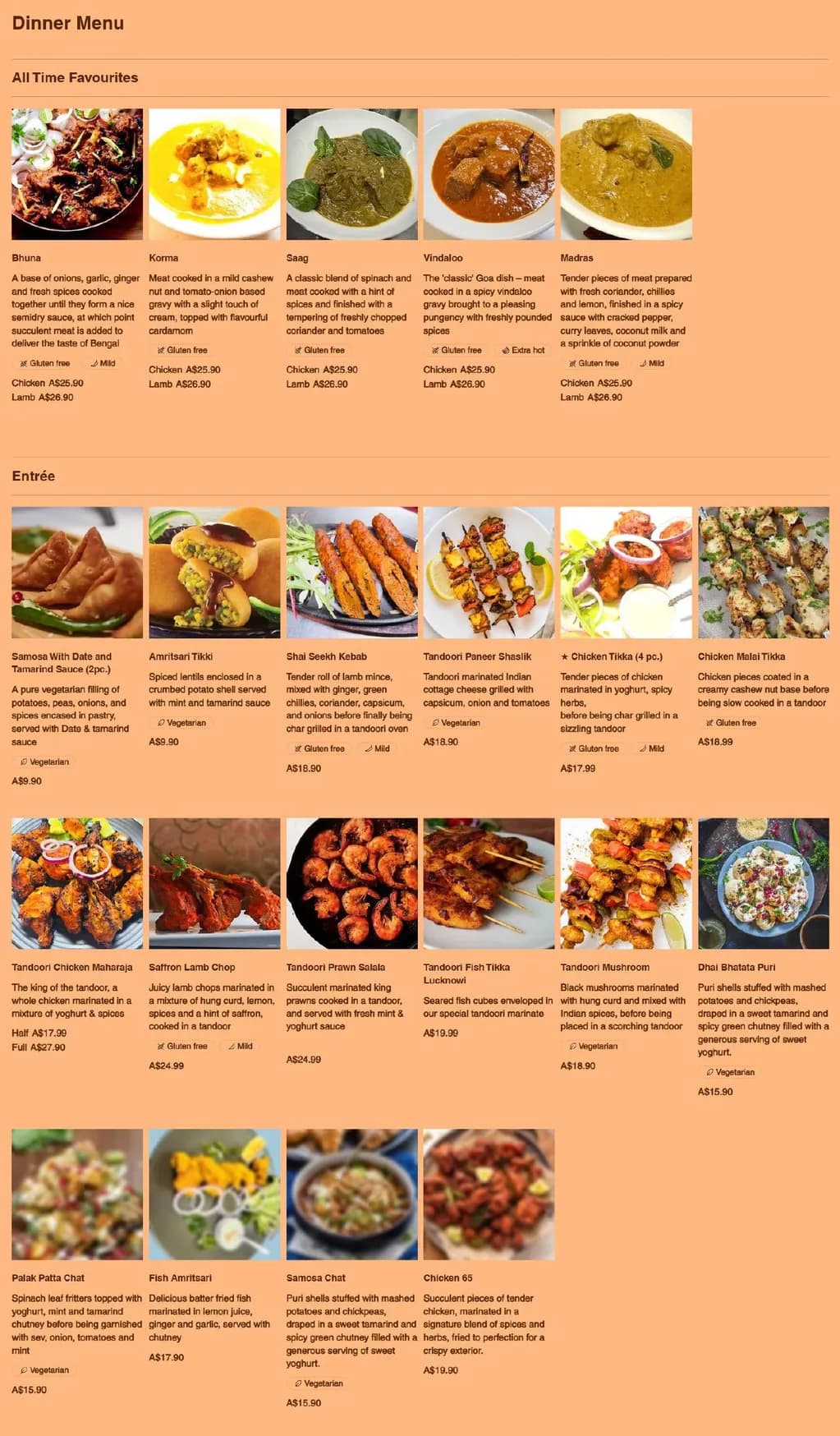 Currywise menu, page 1