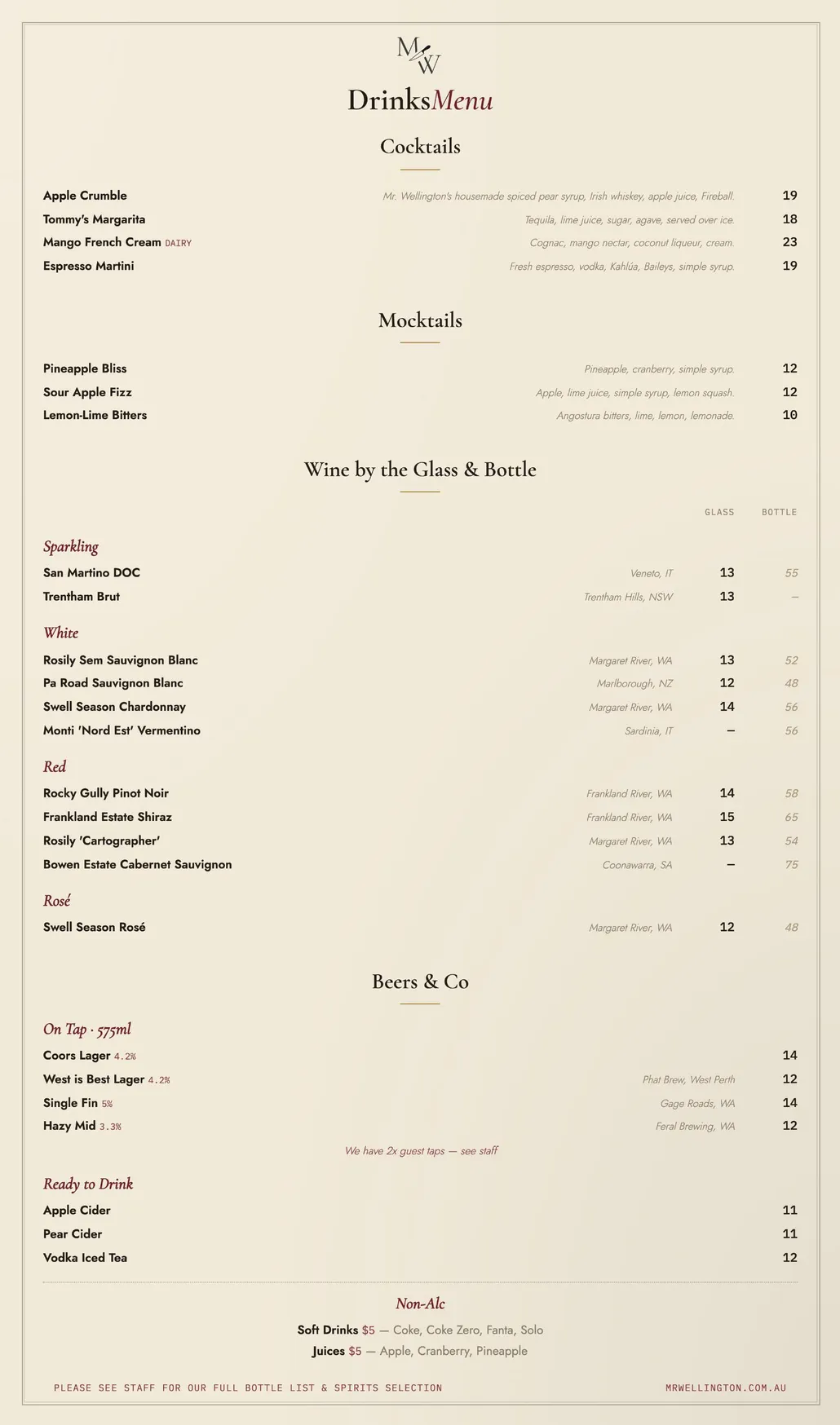 Mr. Wellington menu, page 2