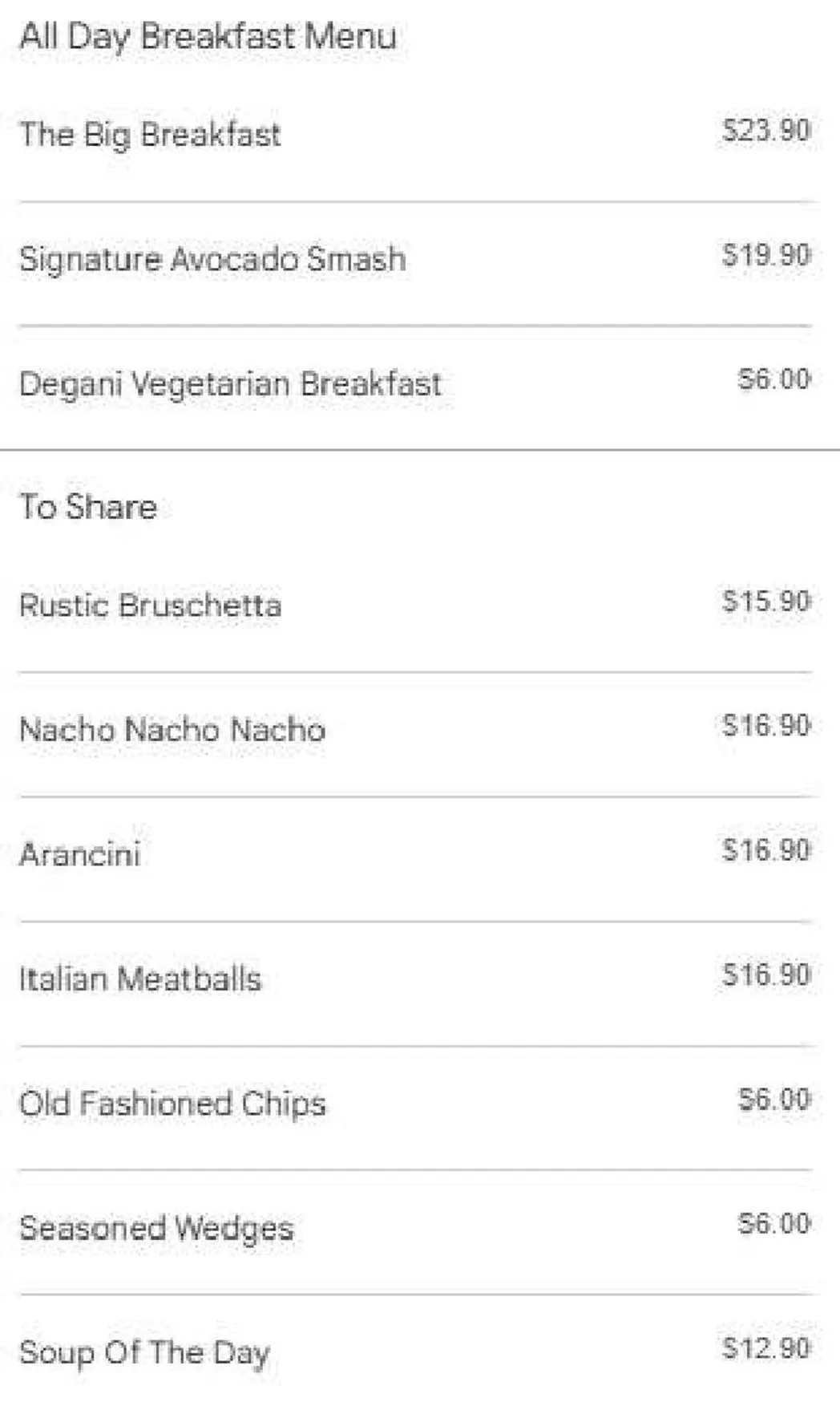 Degani Southland menu, page 1