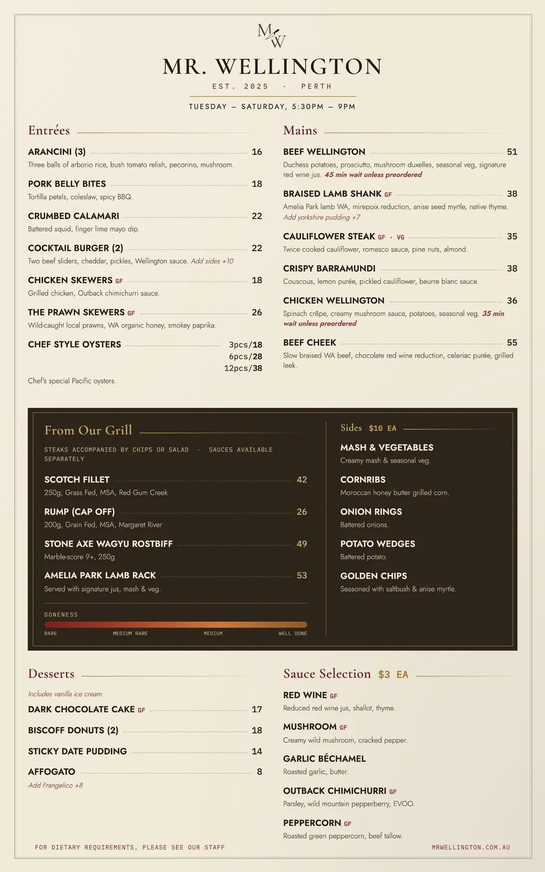 Mr. Wellington menu, page 1