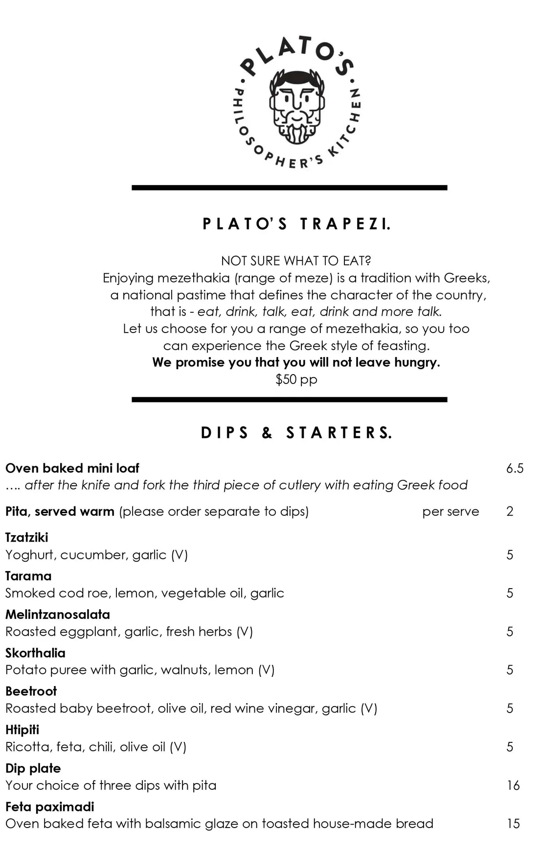 Plato's Philosopher's Kitchen menu, page 1