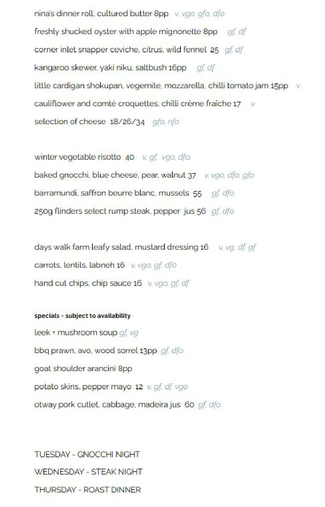 Nina's Bar & Dining menu, page 1