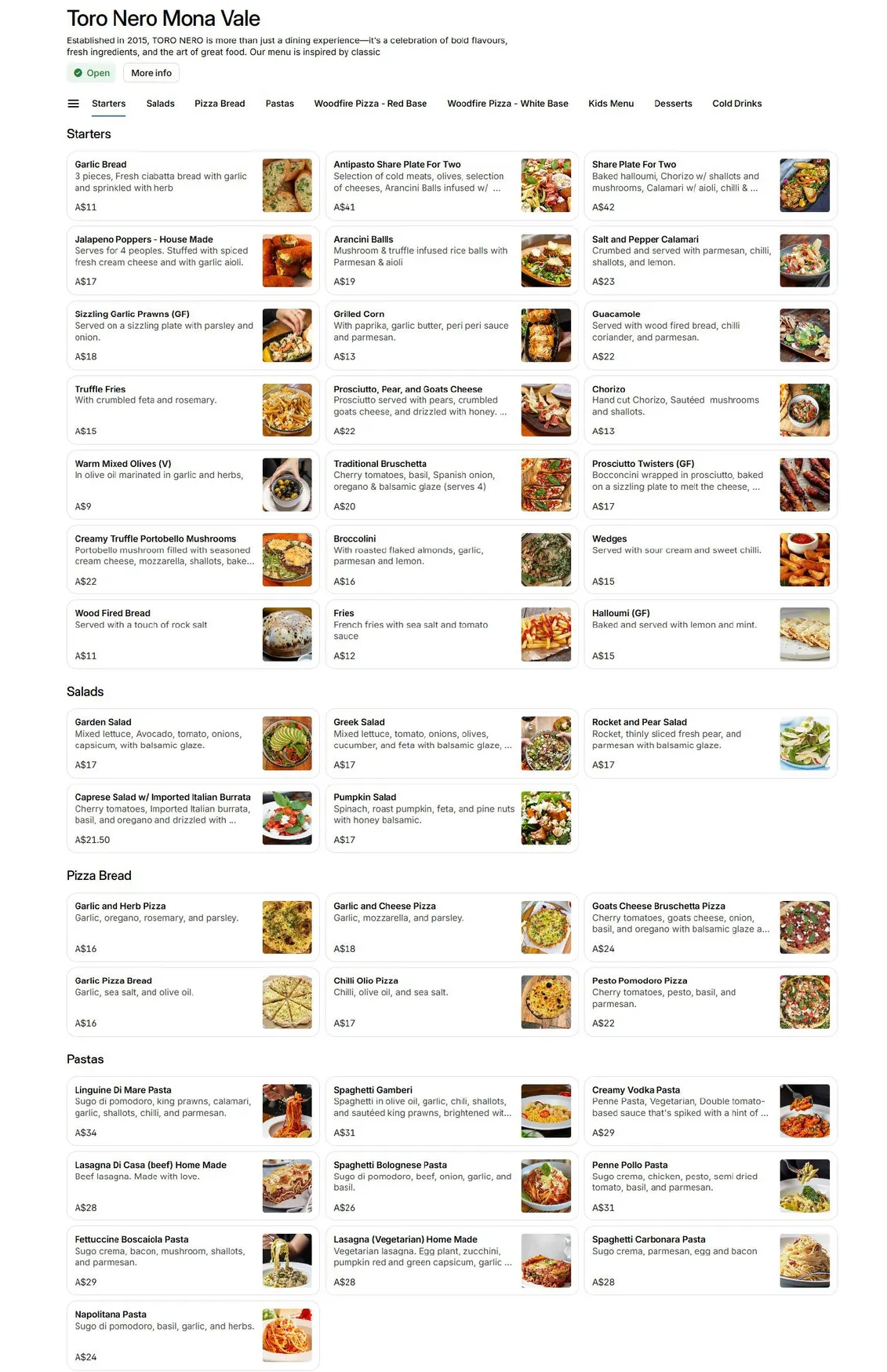 Toro Nero menu, page 1