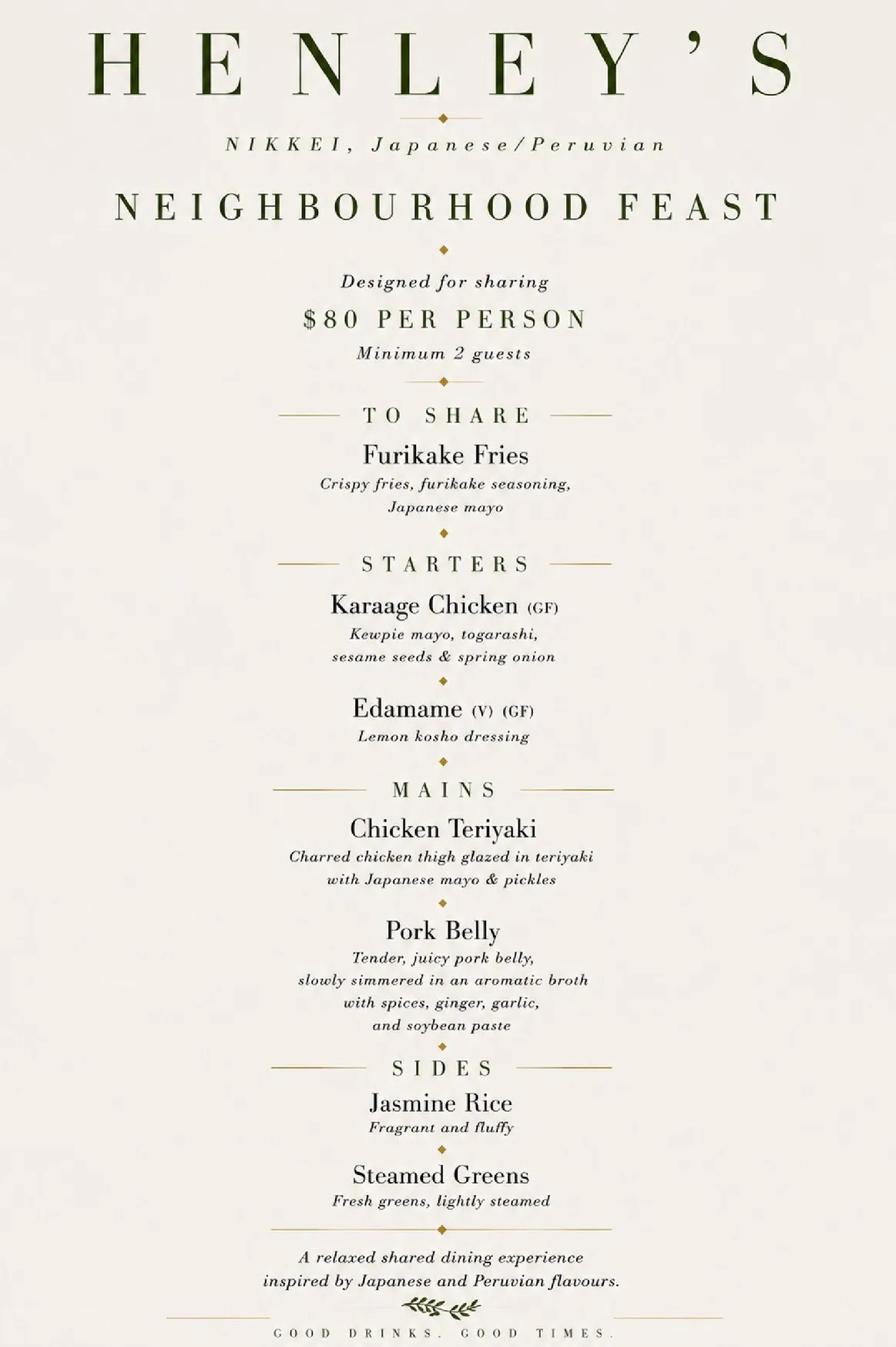 Henley's Nikkei menu, page 1