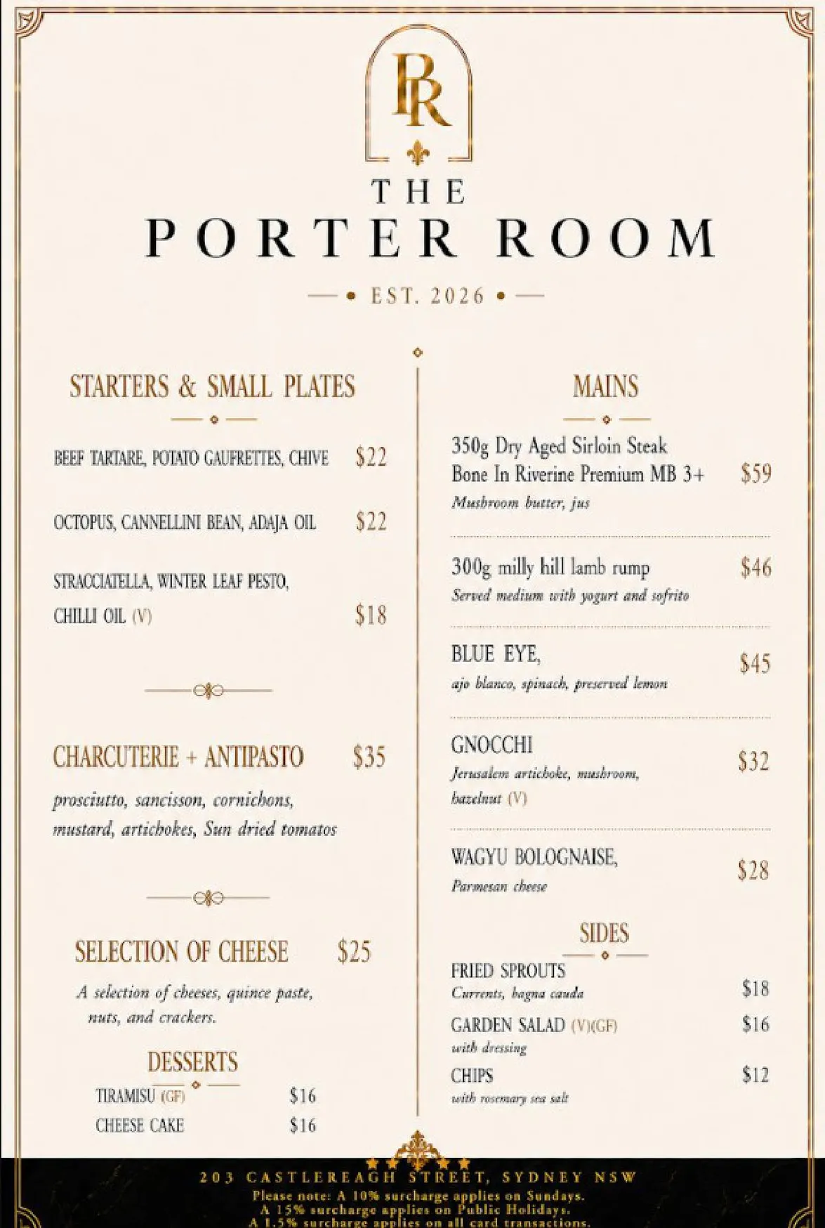 The Porter Room menu, page 2