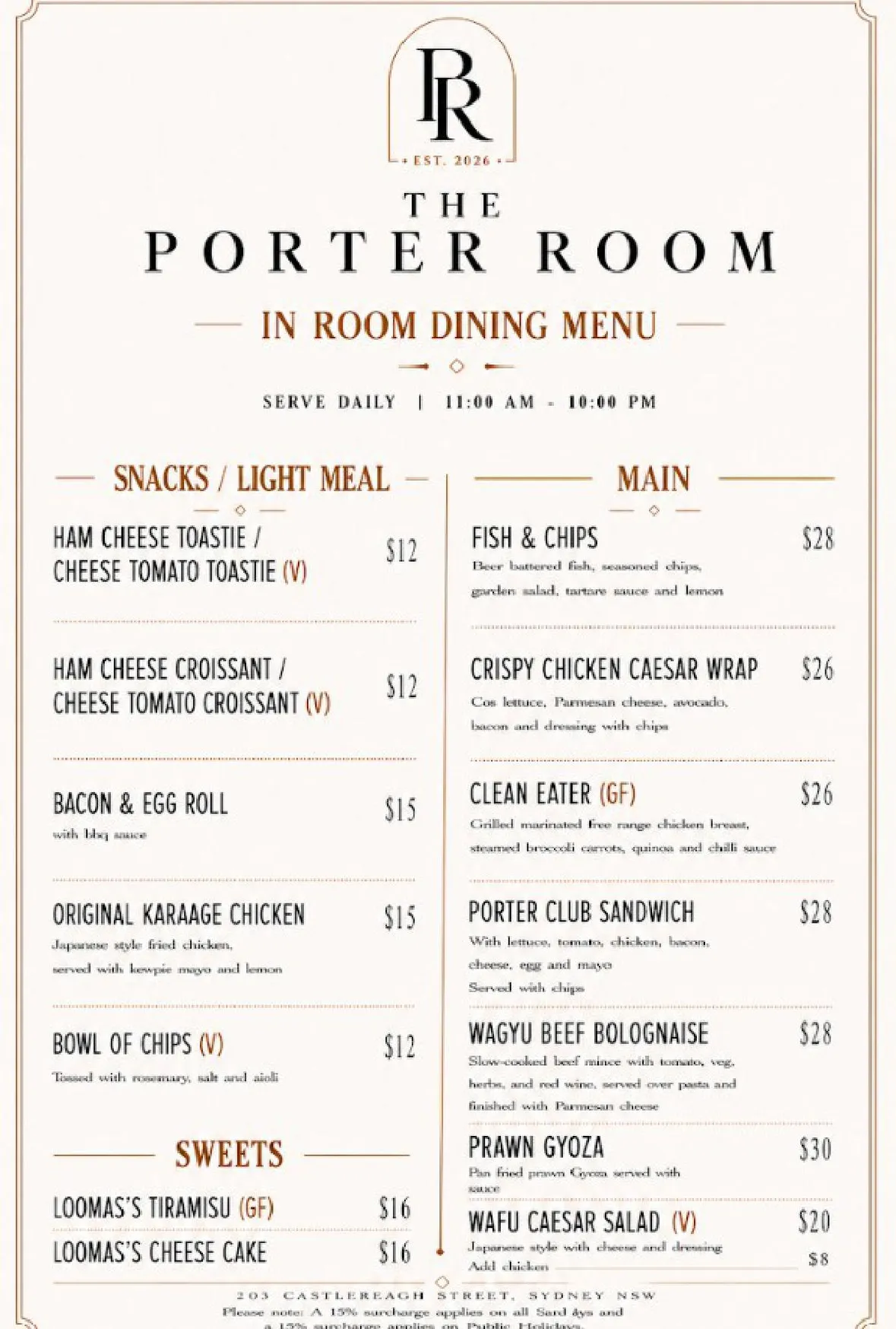 The Porter Room menu, page 3