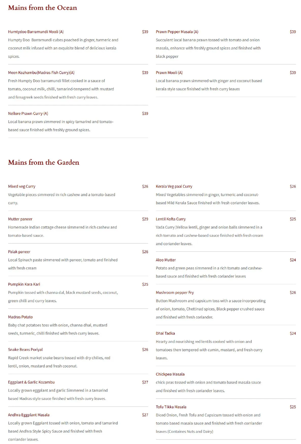 Saffrron Restaurant menu, page 2