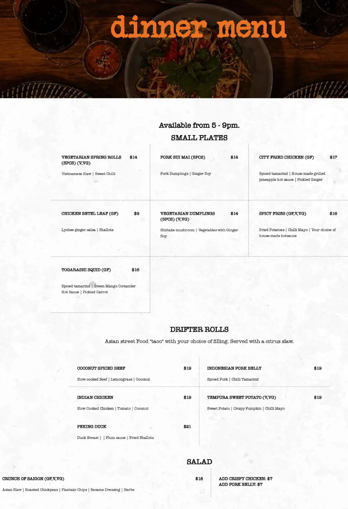 Mr Drifter menu, page 1