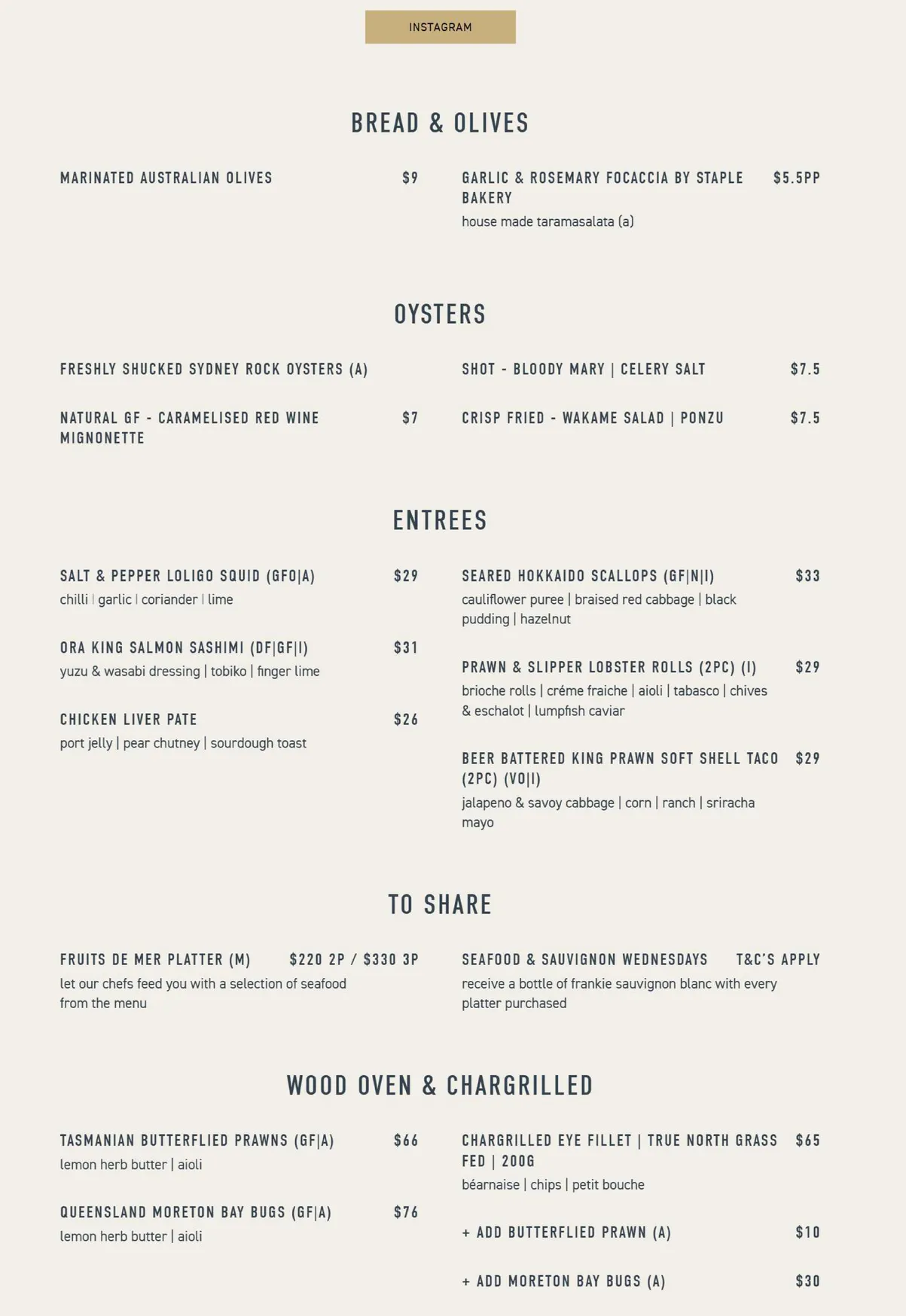 Garfish menu, page 1