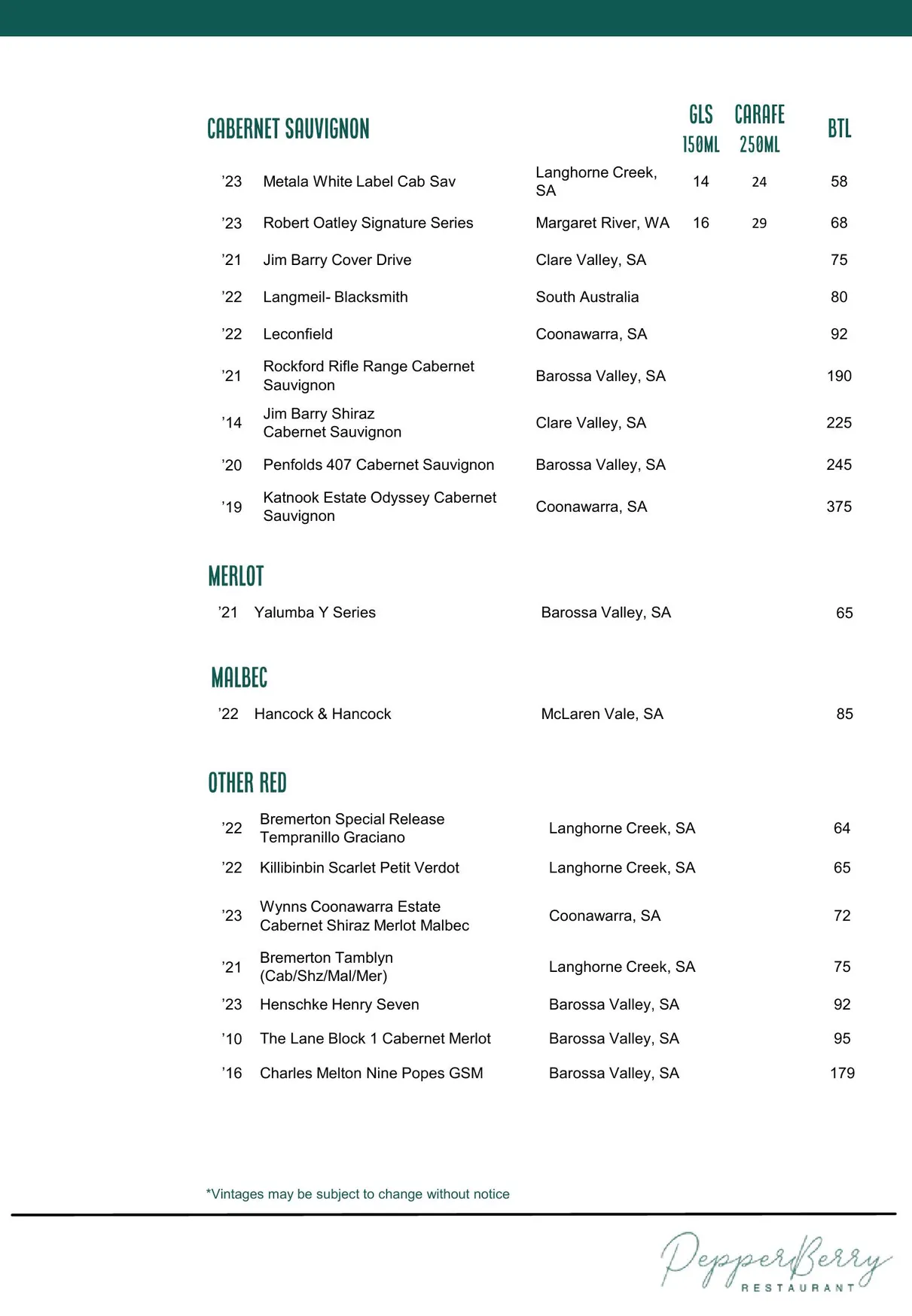 Pepperberry menu, page 15