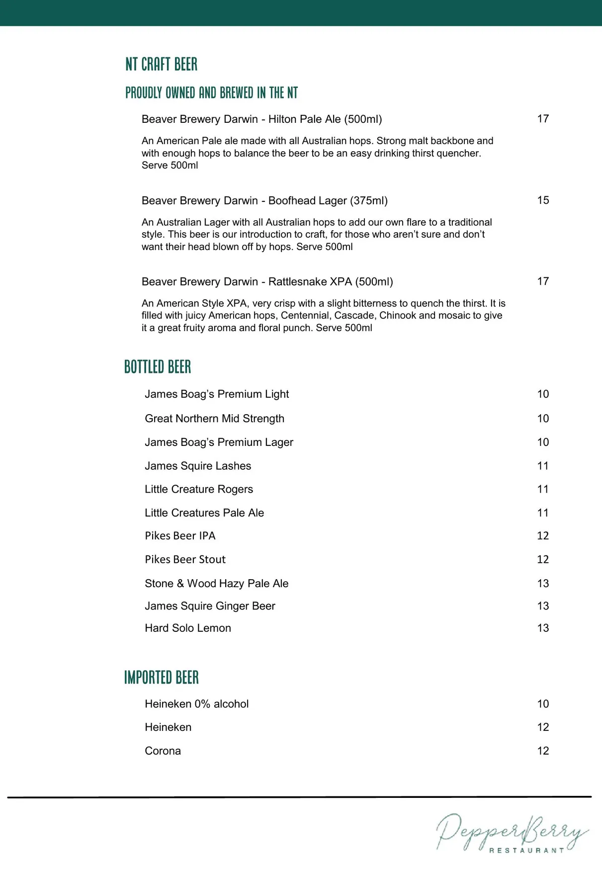 Pepperberry menu, page 22