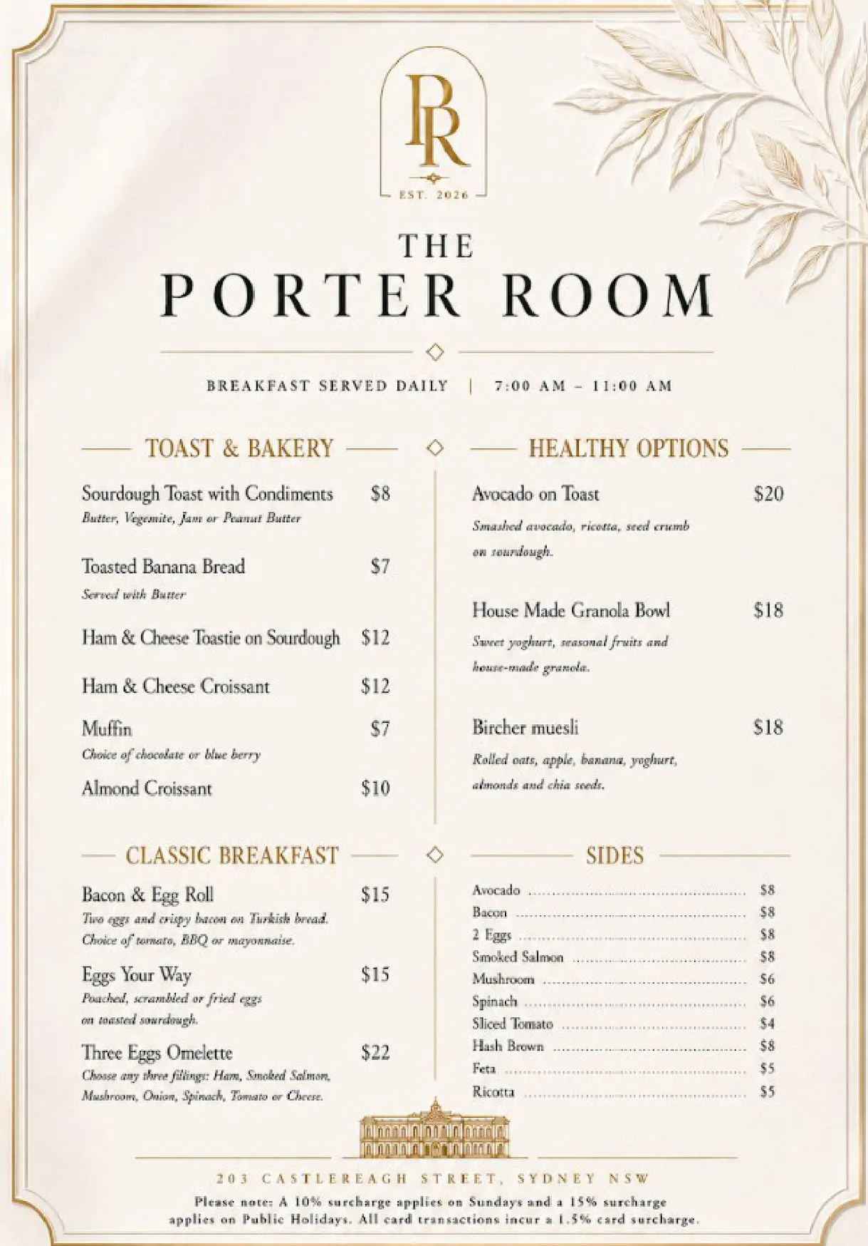 The Porter Room menu, page 1