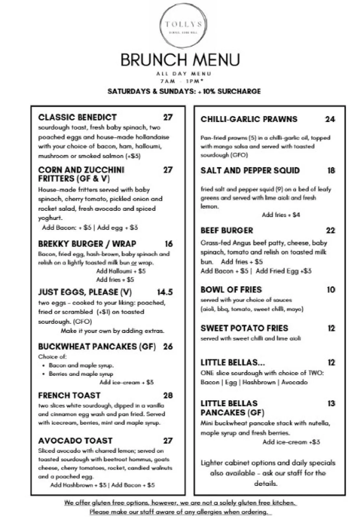 TOLLY’S menu, page 1