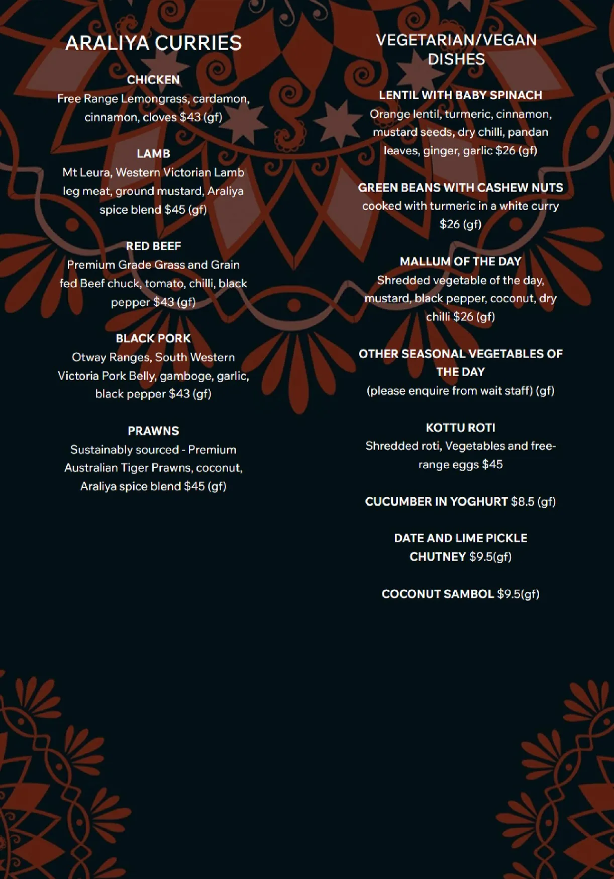 ARALIYA menu, page 2