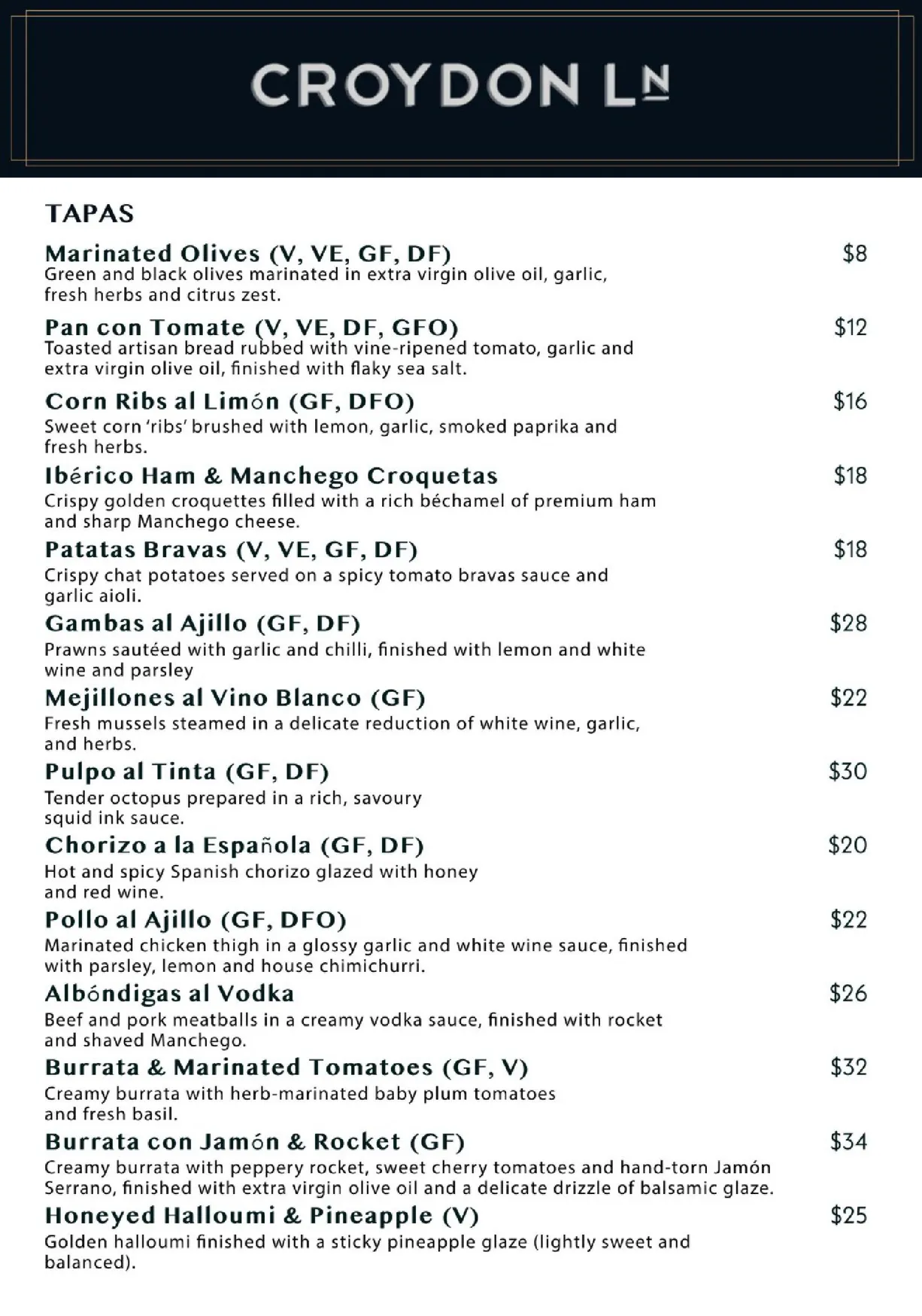 Croydon Lane menu, page 1