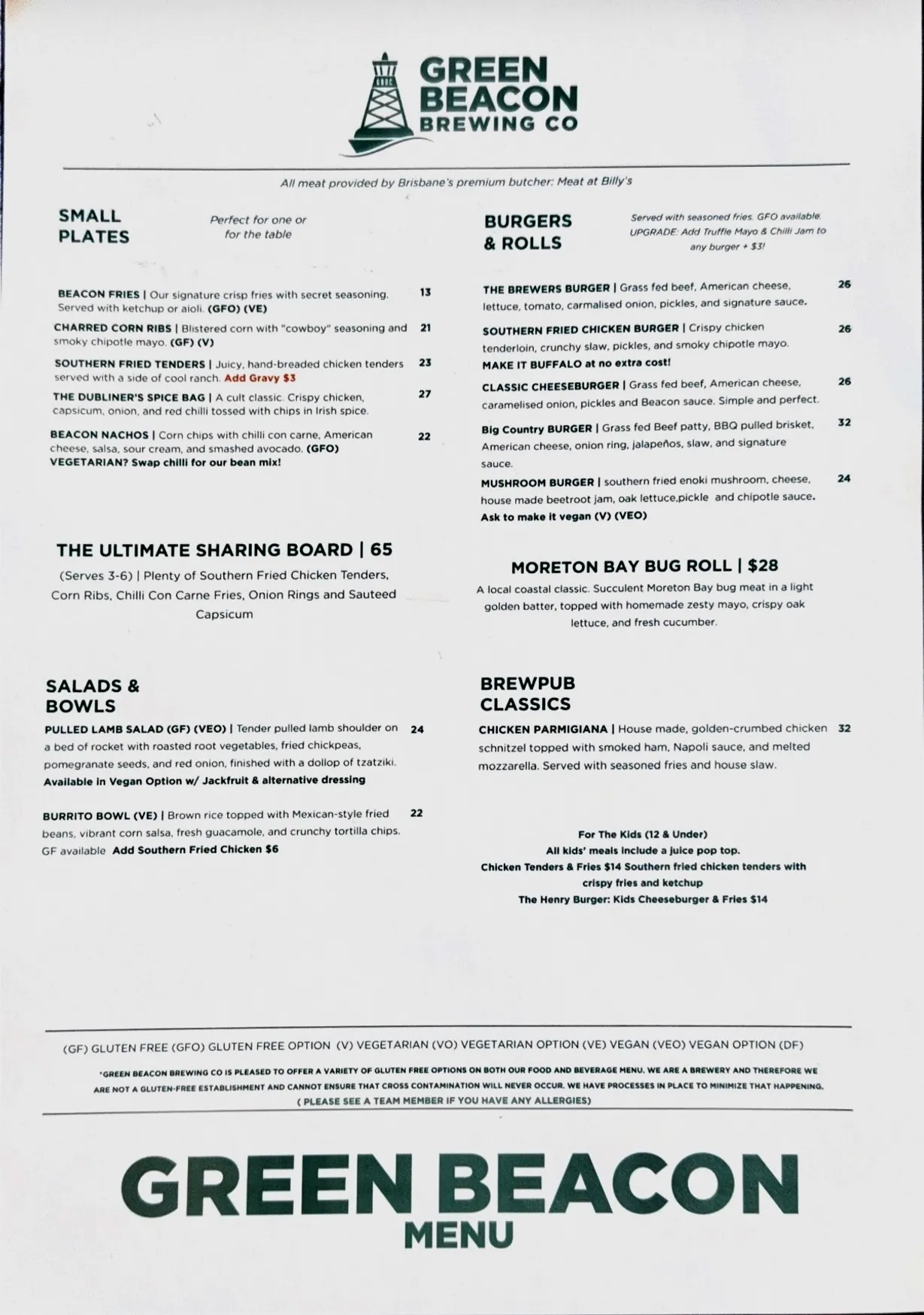 Green Beacon Brewing Co. menu, page 1