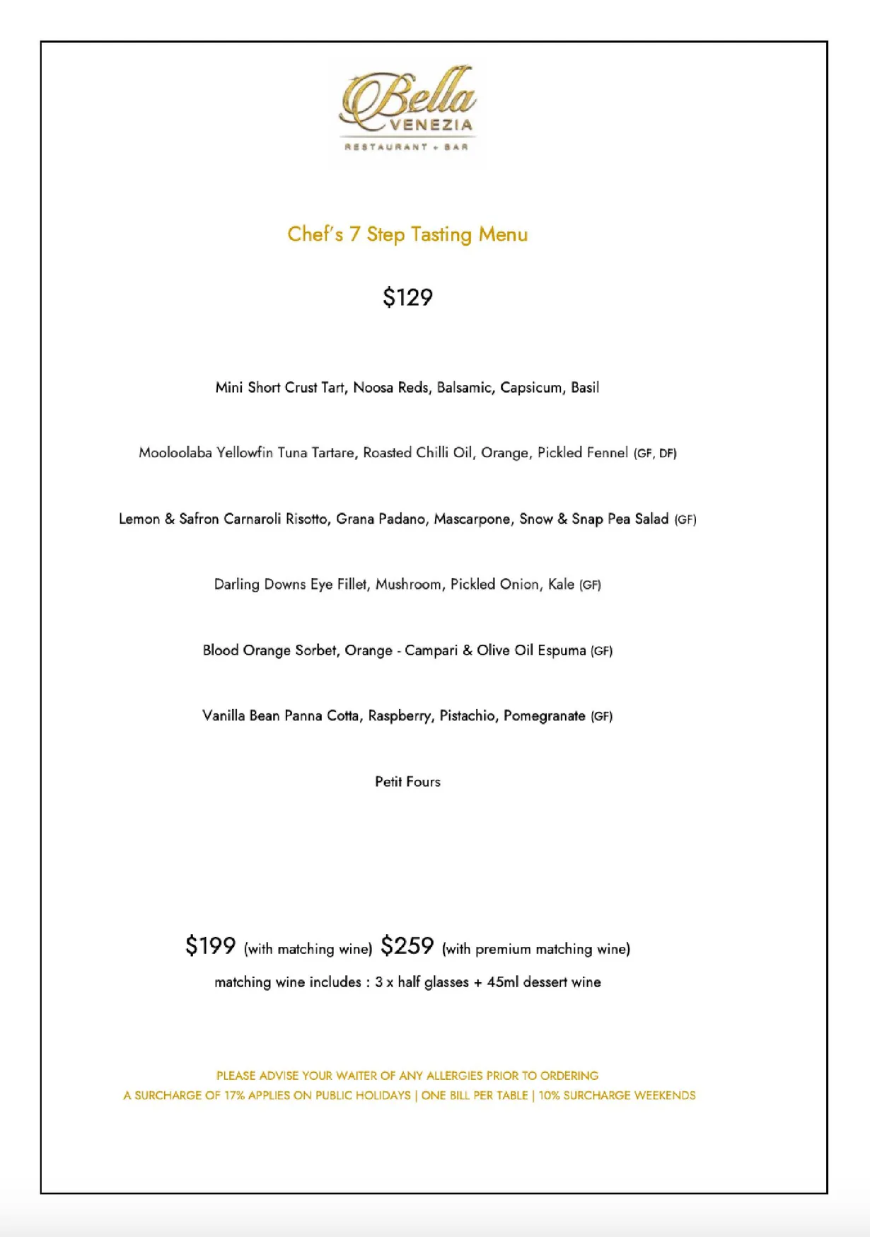 Bella Venezia menu, page 1