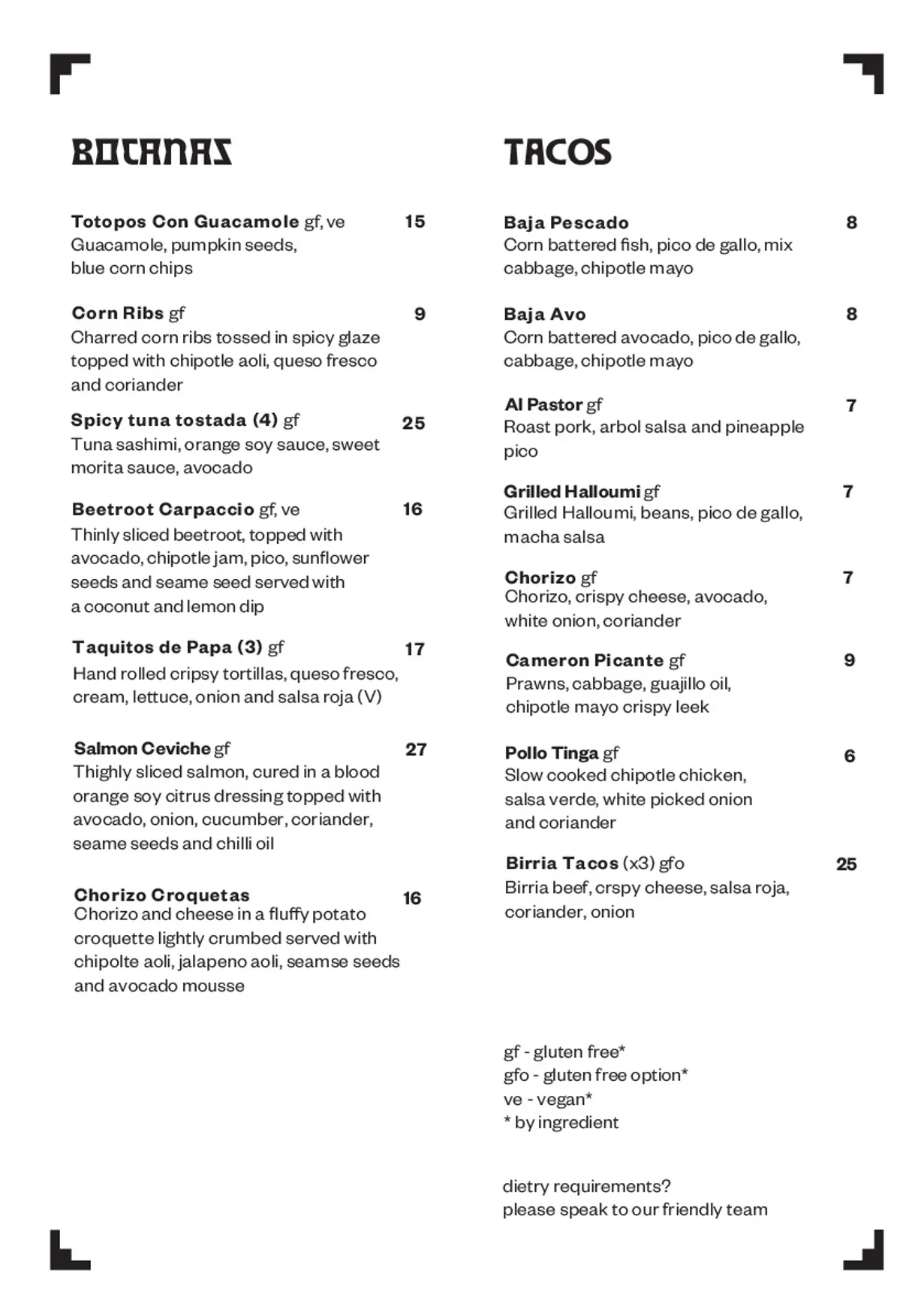 Taqueria menu, page 2