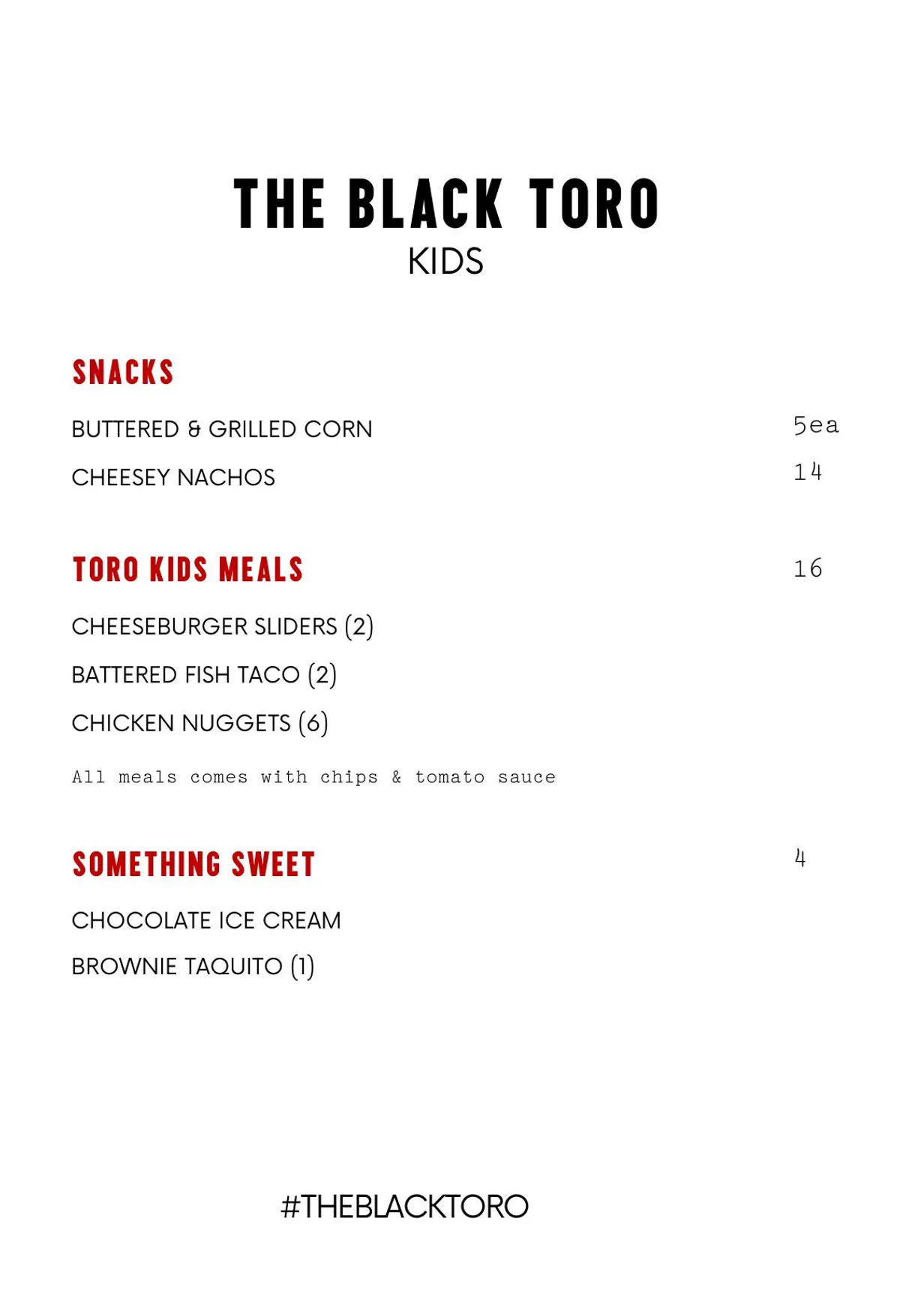 The Black Toro menu, page 2