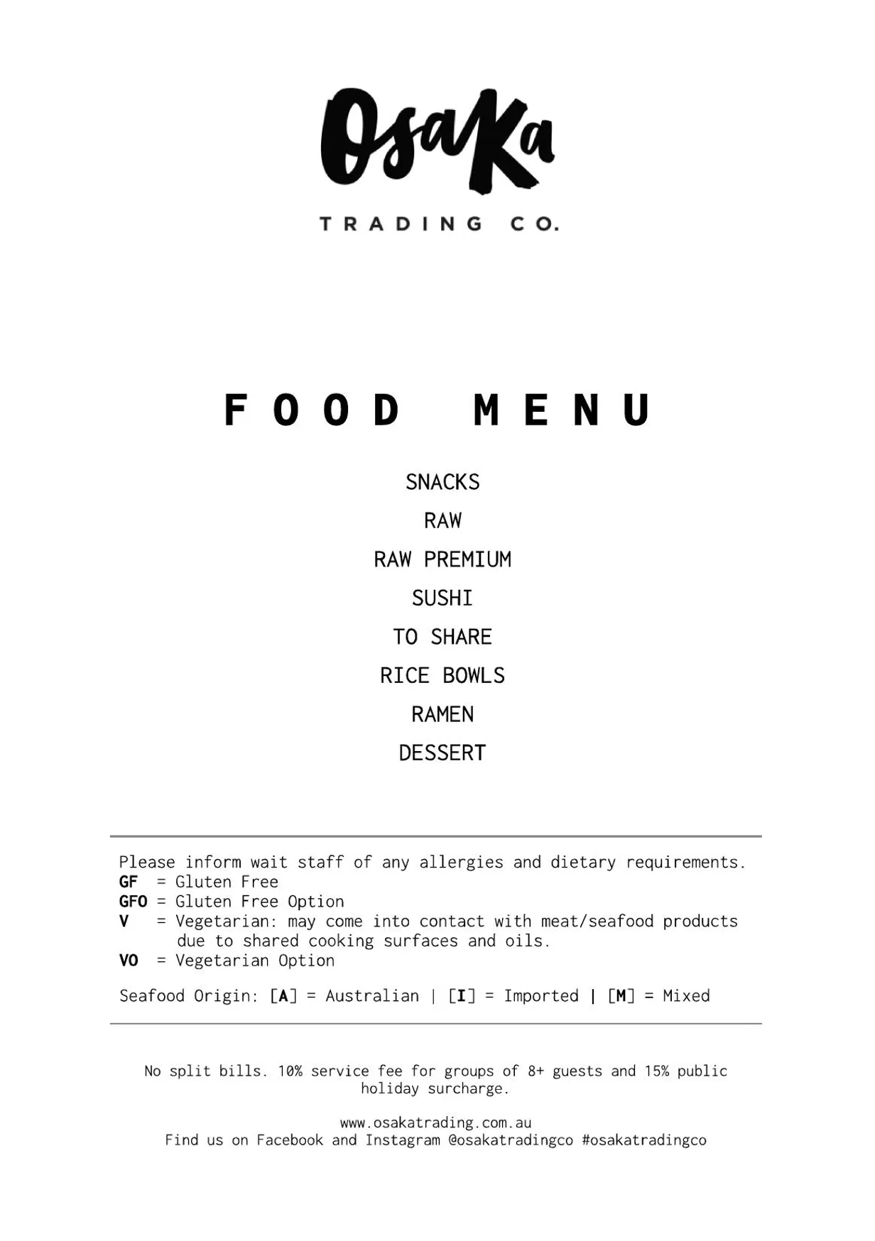Osaka Trading menu, page 1