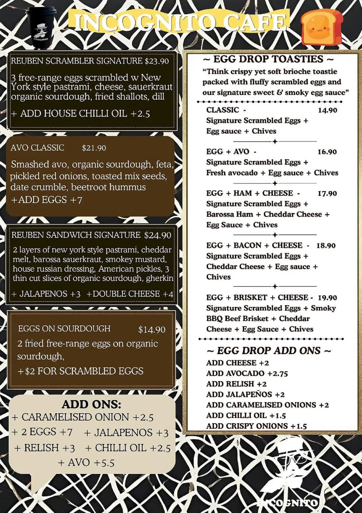 Incognito Cafe menu, page 1