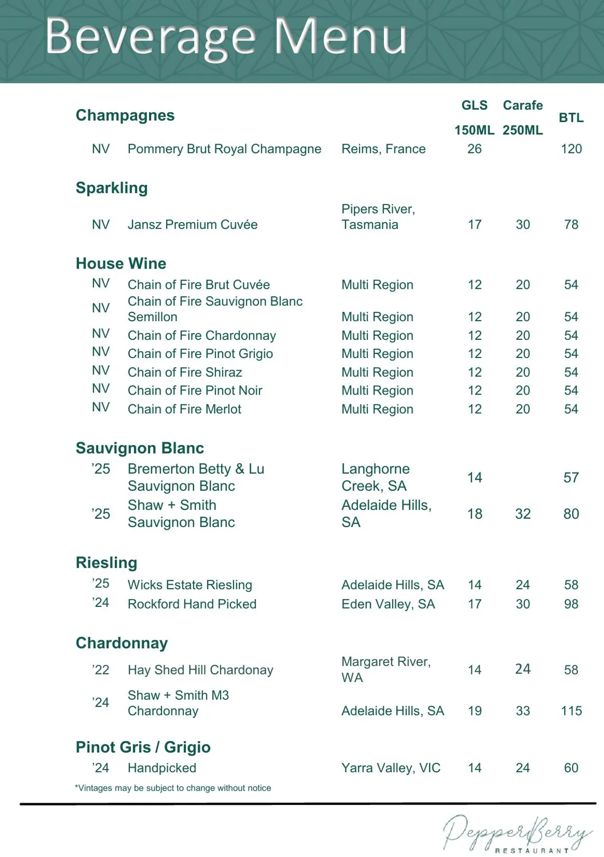 Pepperberry menu, page 6