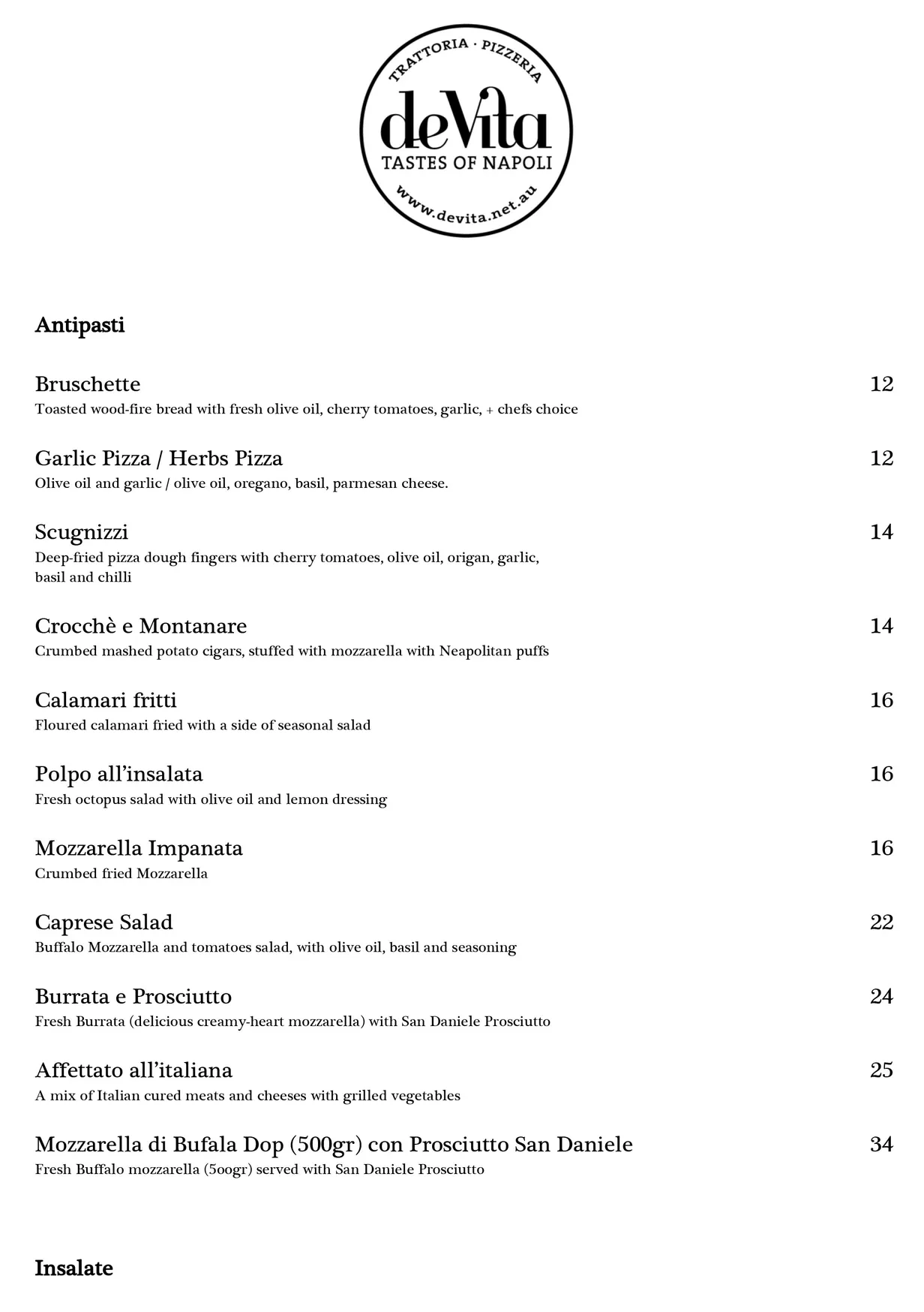 De Vita Italian- Manly menu, page 1