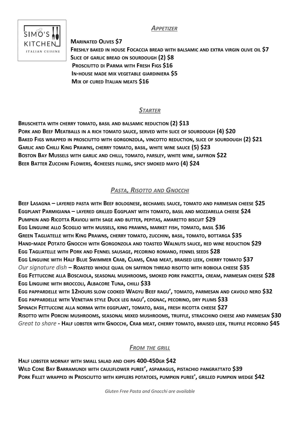 Simo's Kitchen menu, page 1