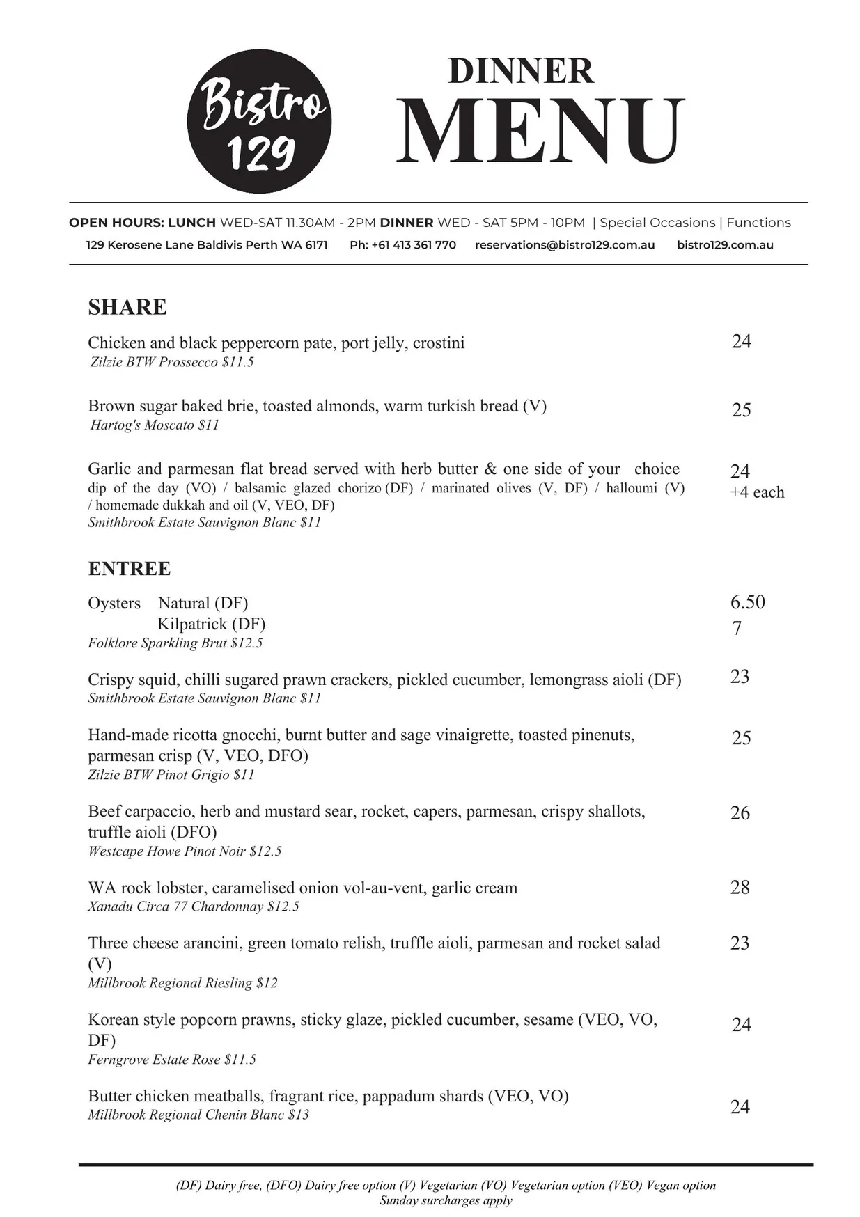 Bistro 129 menu, page 1