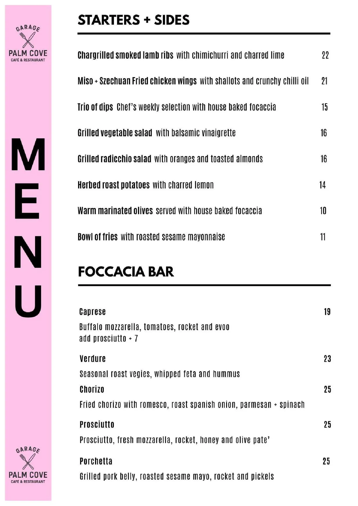 Garage Palm Cove menu, page 1
