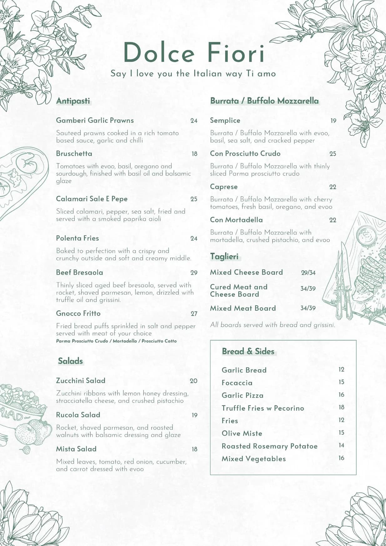 Dolce Fiori menu, page 1