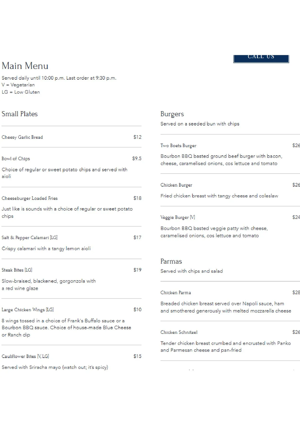 Wheat, Wine & Whisky menu, page 1