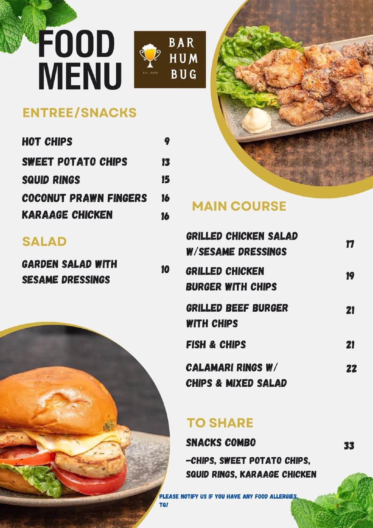 Bar HumBug menu, page 1