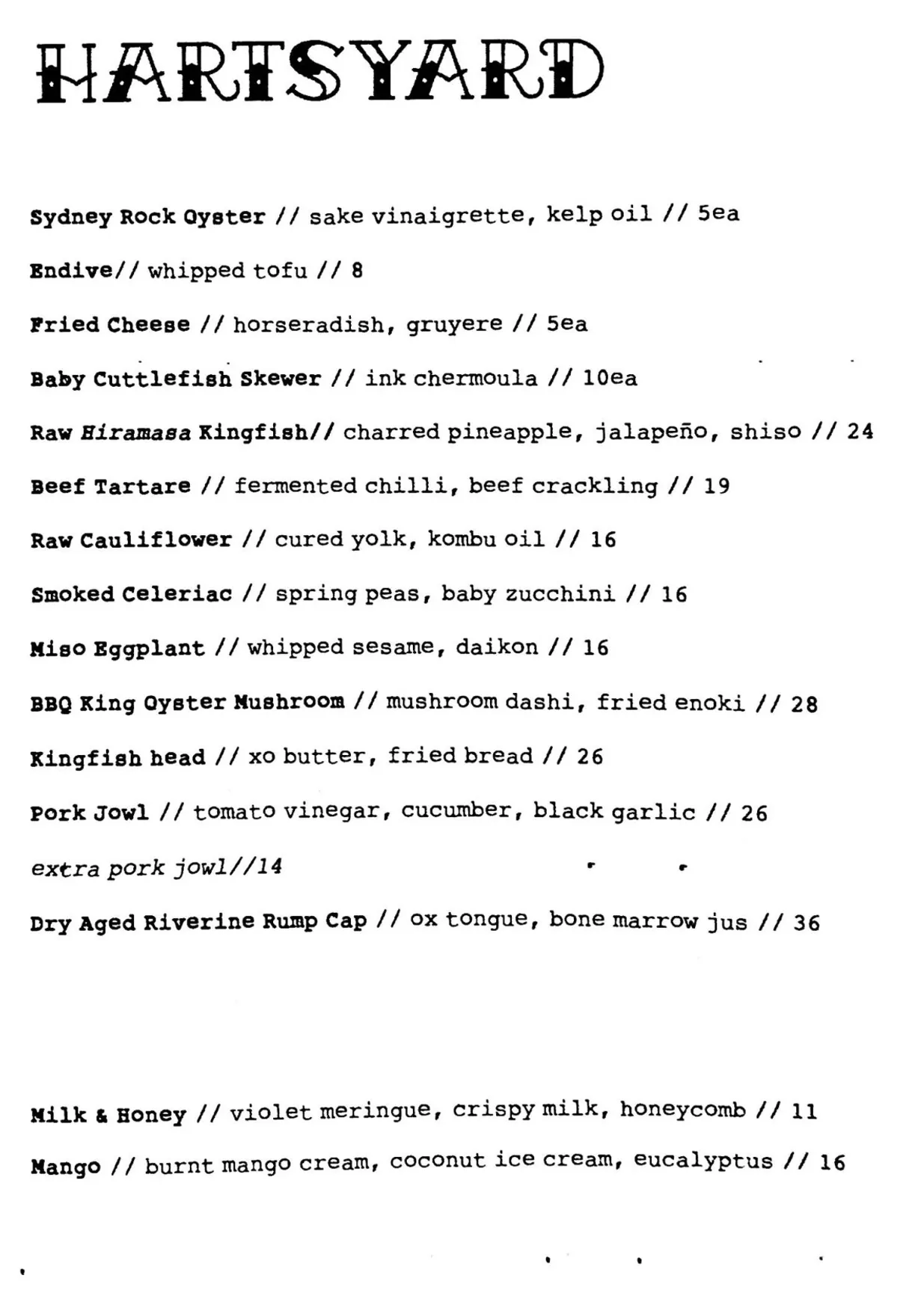 Hartsyard menu, page 1