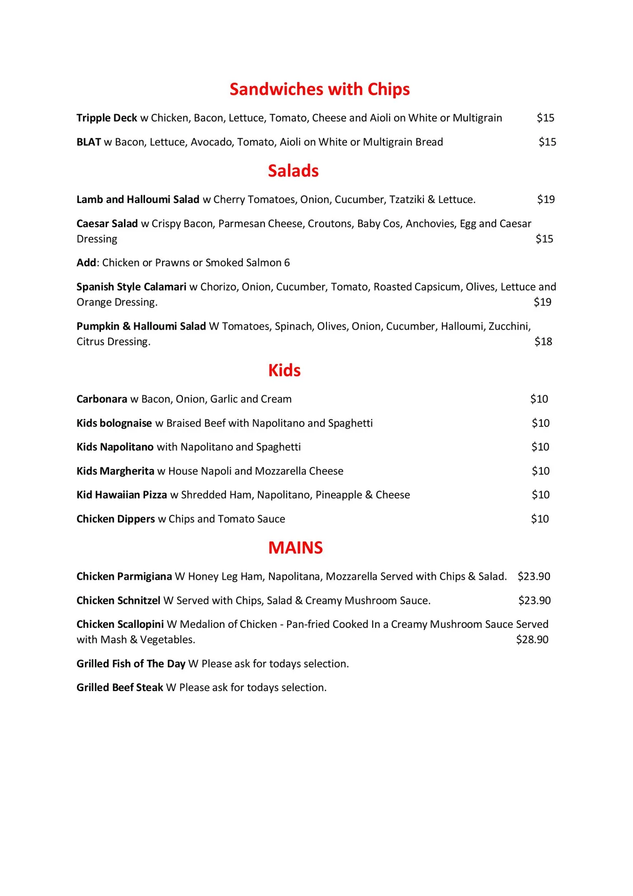 Ciao Bello menu, page 3