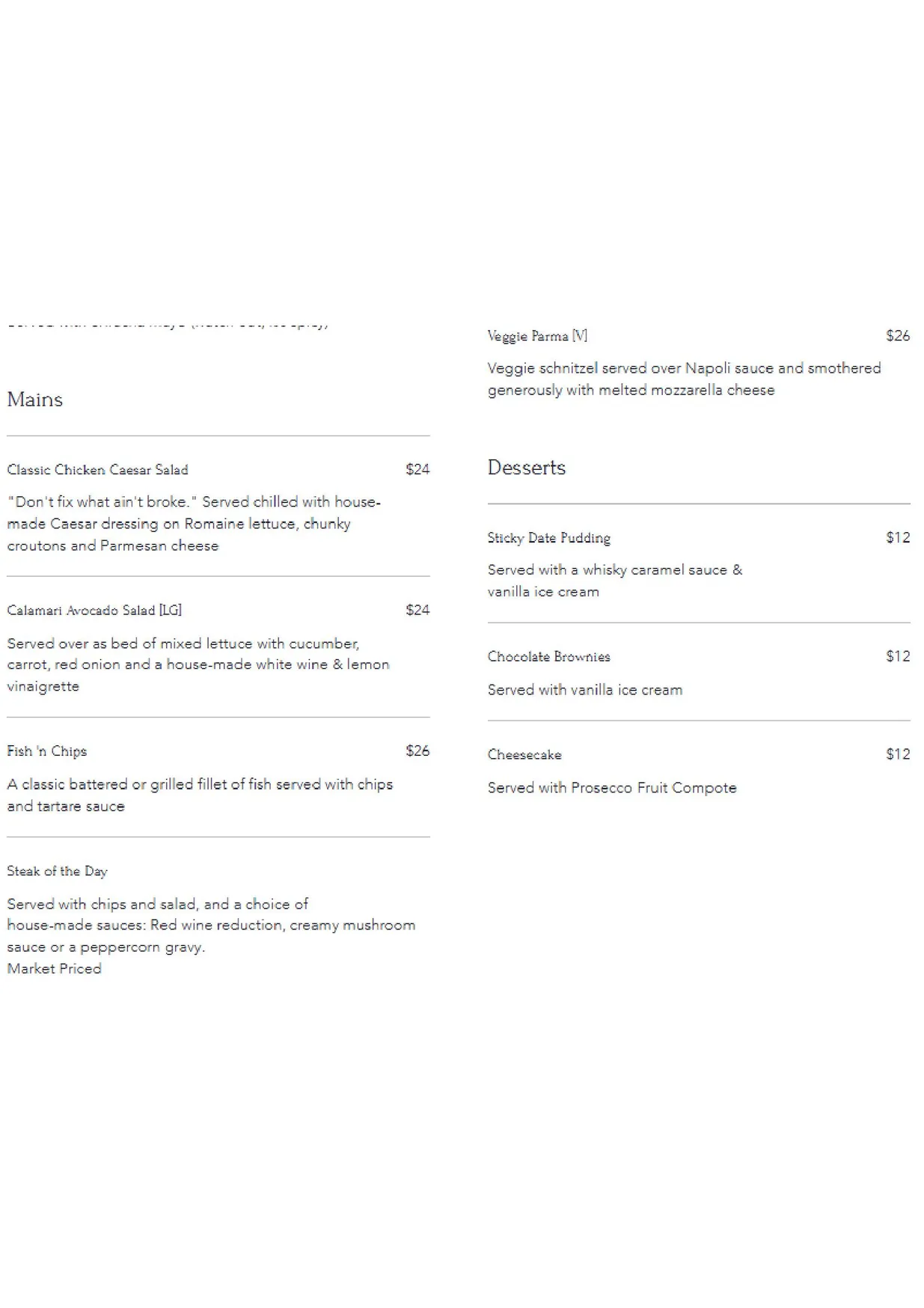 Wheat, Wine & Whisky menu, page 2