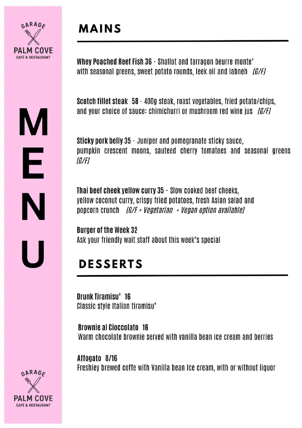 Garage Palm Cove menu, page 2