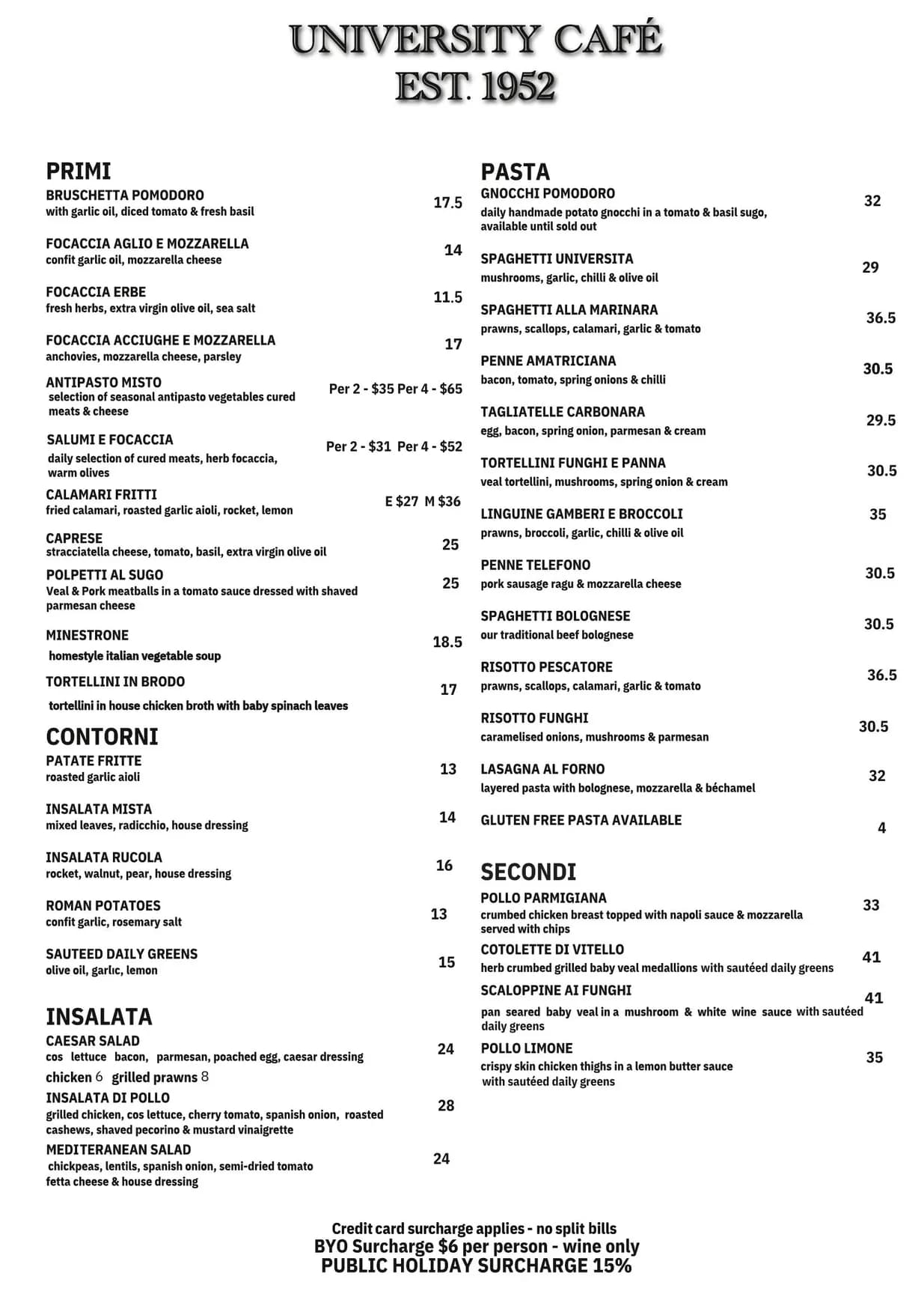 University Cafe menu, page 1
