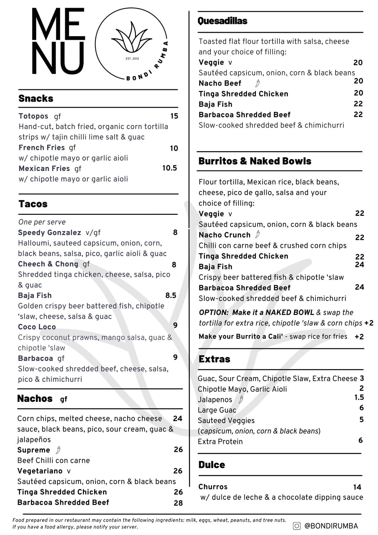 Bondi Rumba menu, page 2