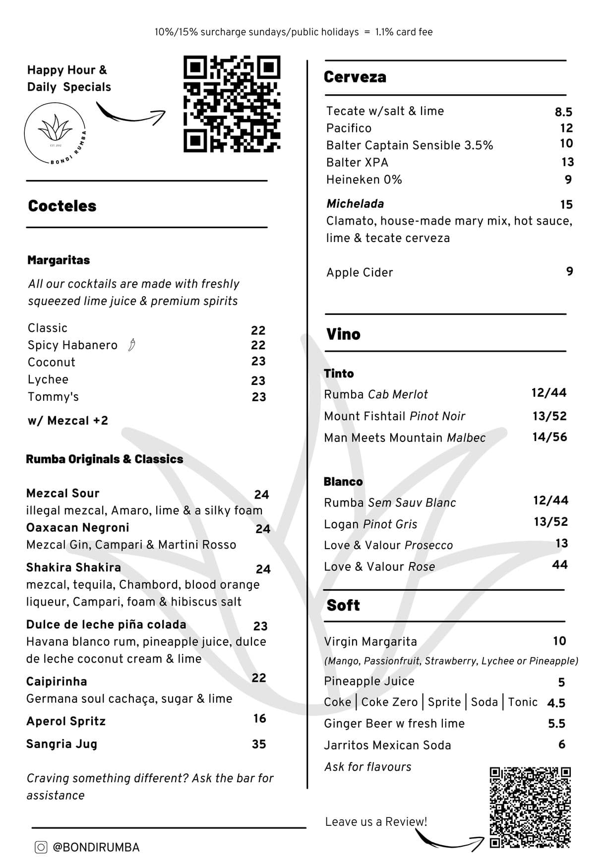 Bondi Rumba menu, page 1