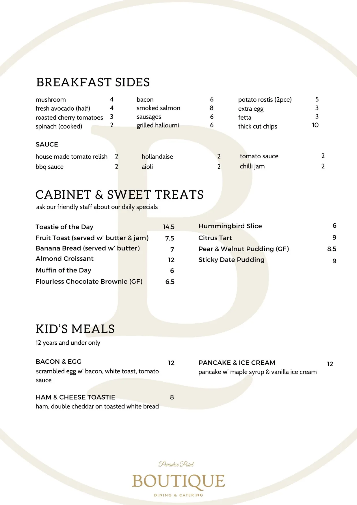 Boutique Dining menu, page 2
