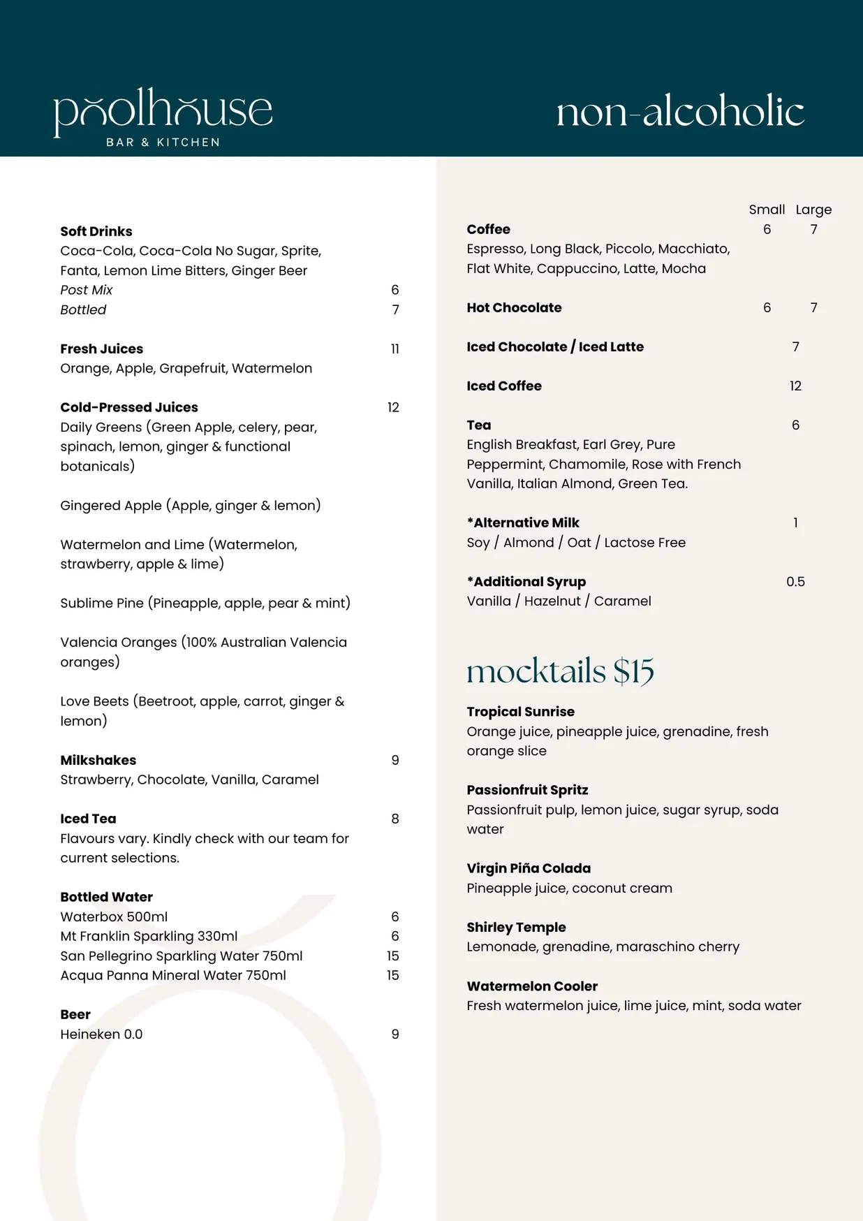 Poolhouse Bar & Kitchen menu, page 8