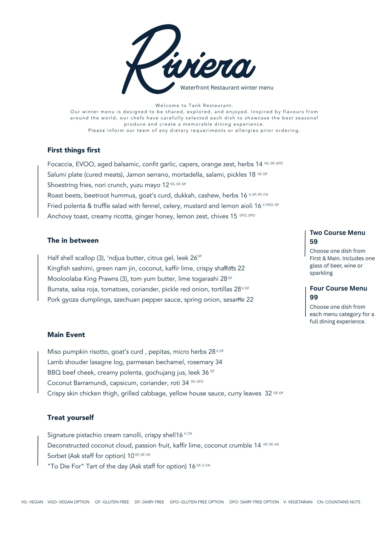 Riviera Waterfront menu, page 1