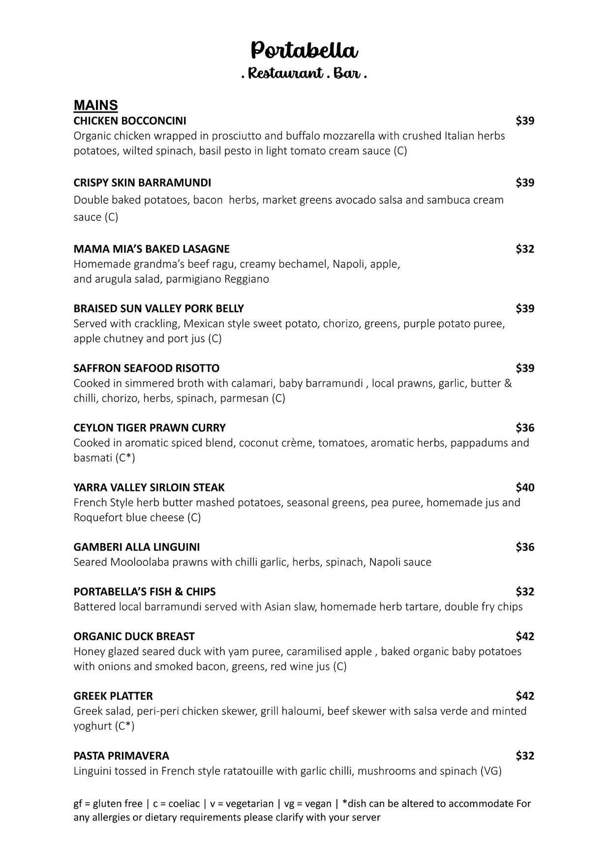 Portabella menu, page 2