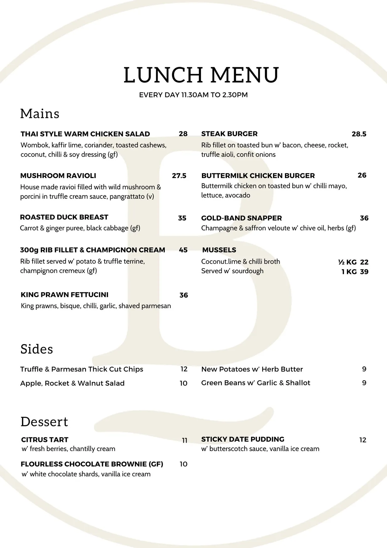 Boutique Dining menu, page 4