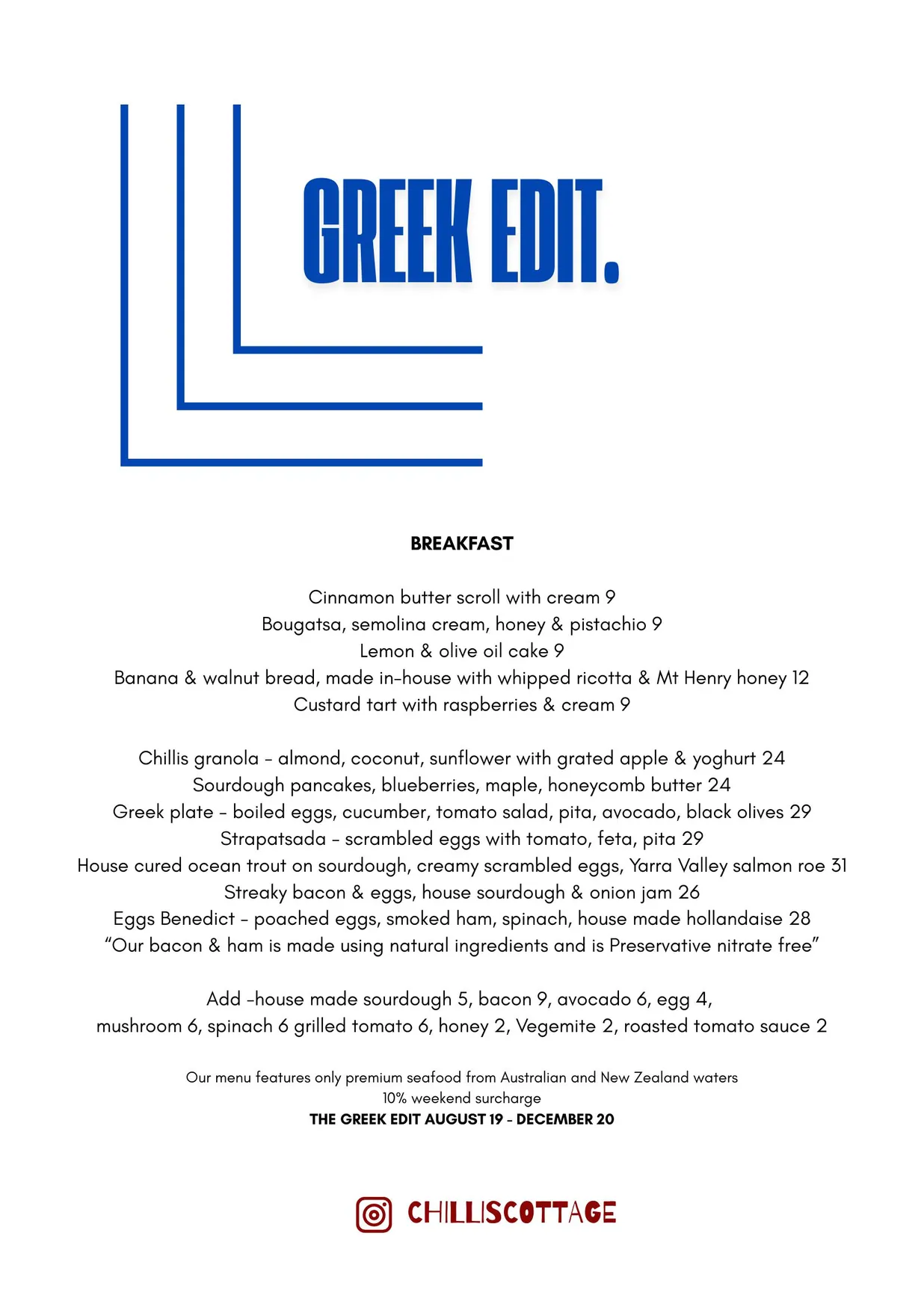 Chillis Cottage menu, page 1