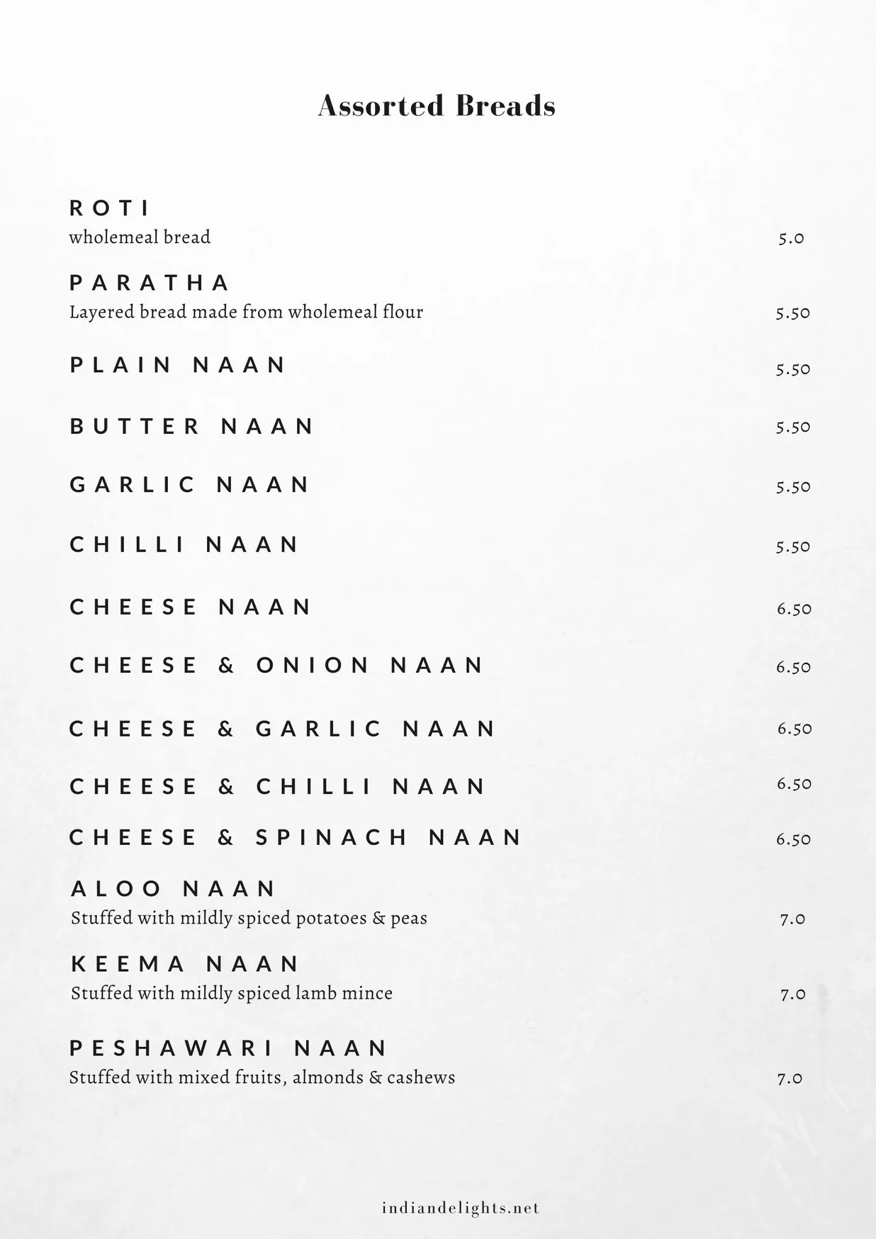 Indian Delights menu, page 6