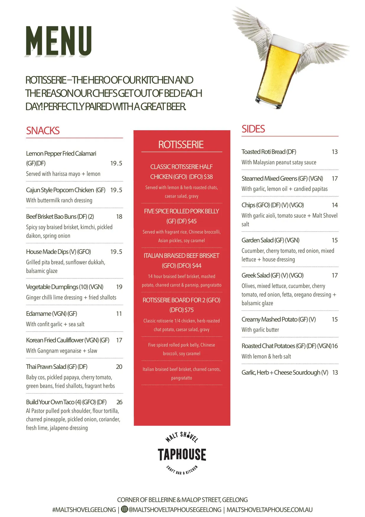 Malt Shovel Taphouse menu, page 1